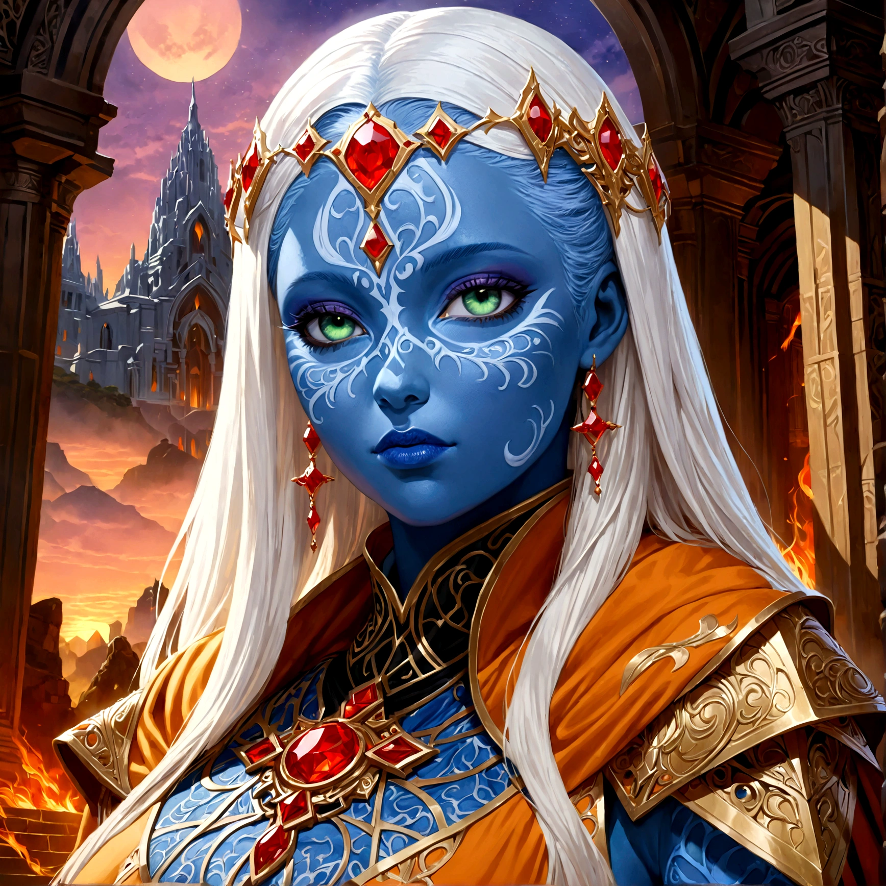 fantasy art, dnd art, RPG art, wide shot, (masterpiece: 1.4) a (portrait: 1.3) intense details, highly detailed, photorealistic, best quality, highres, portrait a female (fantasy art, Masterpiece, best quality: 1.3) ((blue skin: 1.5)), intense details facial details, exquisite beauty, (fantasy art, Masterpiece, best quality) cleric, (blue skinned: 1.3) female, white hair, long hair, (((no ears: 1.5))), (green eyes: 1.3), armed with a fiery sword red fire, wearing (twilight priestly combat vestments: 1.5), wearing high heeled laced boots, wearing an (orange cloak:1.3), wearing glowing holy symbol GlowingRunes_yellow, within fantasy temple background, reflection light, high details, best quality, 16k, [ultra detailed], masterpiece, best quality, (extremely detailed), close up, ultra wide shot, photorealistic, RAW, fantasy art, dnd art, fantasy art, realistic art,((best quality)), ((masterpiece)), (detailed), perfect face, Cinematic Hollywood Film style