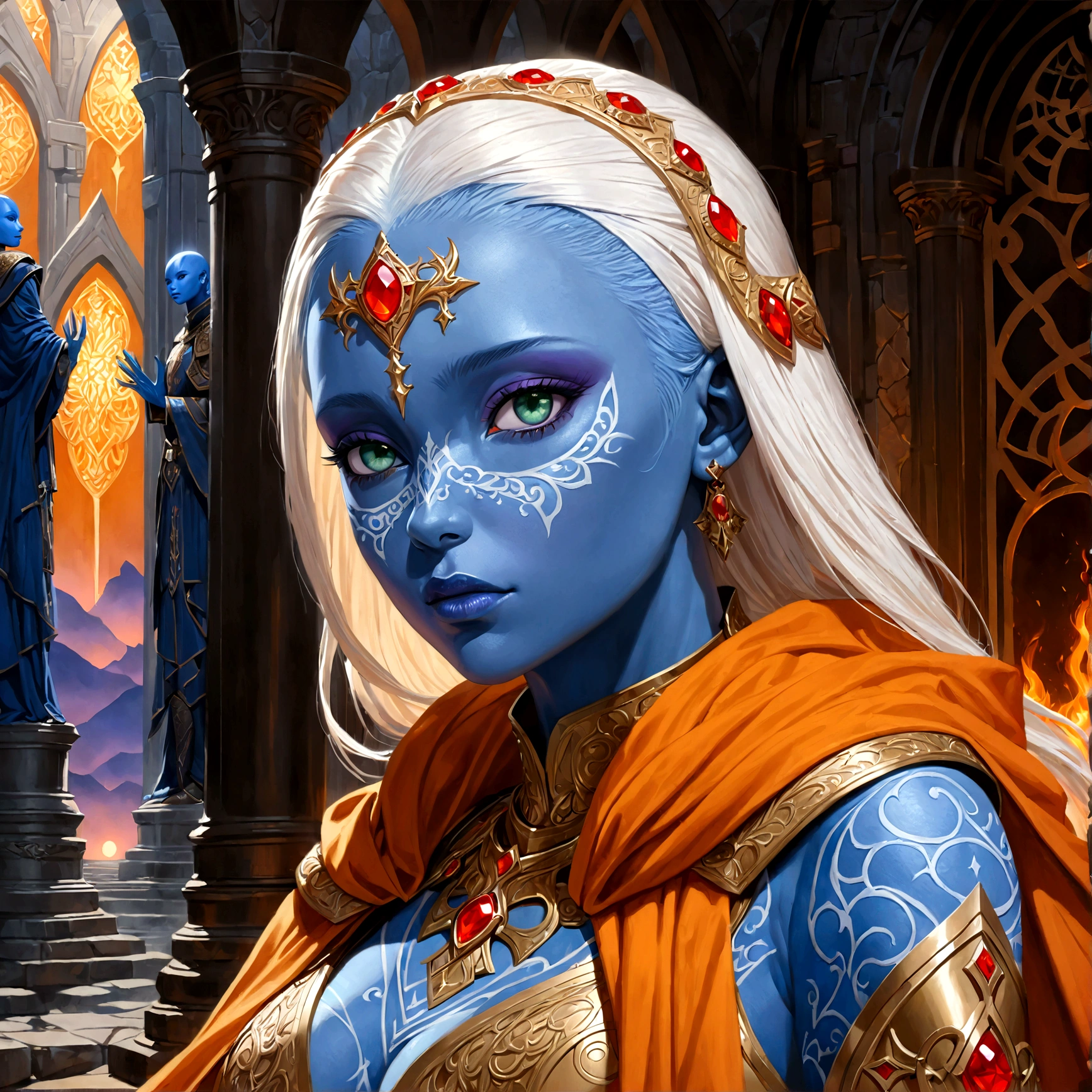 fantasy art, dnd art, RPG art, wide shot, (masterpiece: 1.4) a (portrait: 1.3) intense details, highly detailed, photorealistic, best quality, highres, portrait a female (fantasy art, Masterpiece, best quality: 1.3) ((blue skin: 1.5)), intense details facial details, exquisite beauty, (fantasy art, Masterpiece, best quality) cleric, (blue skinned: 1.3) female, white hair, long hair, (((no ears: 1.5))), (green eyes: 1.3), armed with a fiery sword red fire, wearing (twilight priestly combat vestments: 1.5), wearing high heeled laced boots, wearing an (orange cloak:1.3), wearing glowing holy symbol GlowingRunes_yellow, within fantasy temple background, reflection light, high details, best quality, 16k, [ultra detailed], masterpiece, best quality, (extremely detailed), close up, ultra wide shot, photorealistic, RAW, fantasy art, dnd art, fantasy art, realistic art,((best quality)), ((masterpiece)), (detailed), perfect face, Cinematic Hollywood Film style