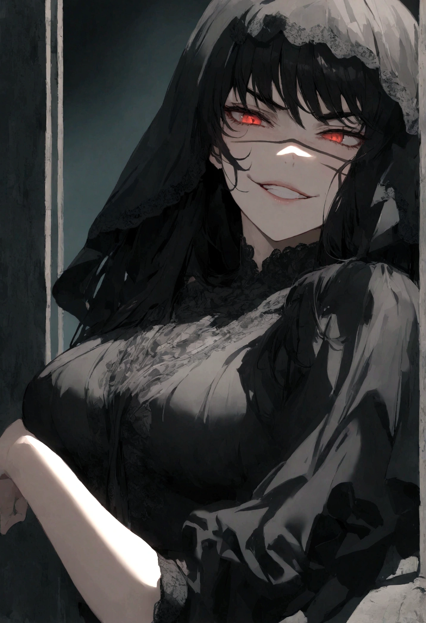 Yoru, Woman, Veiled clothes, volumptious body, long black hair, alluring pose, evil smile, 