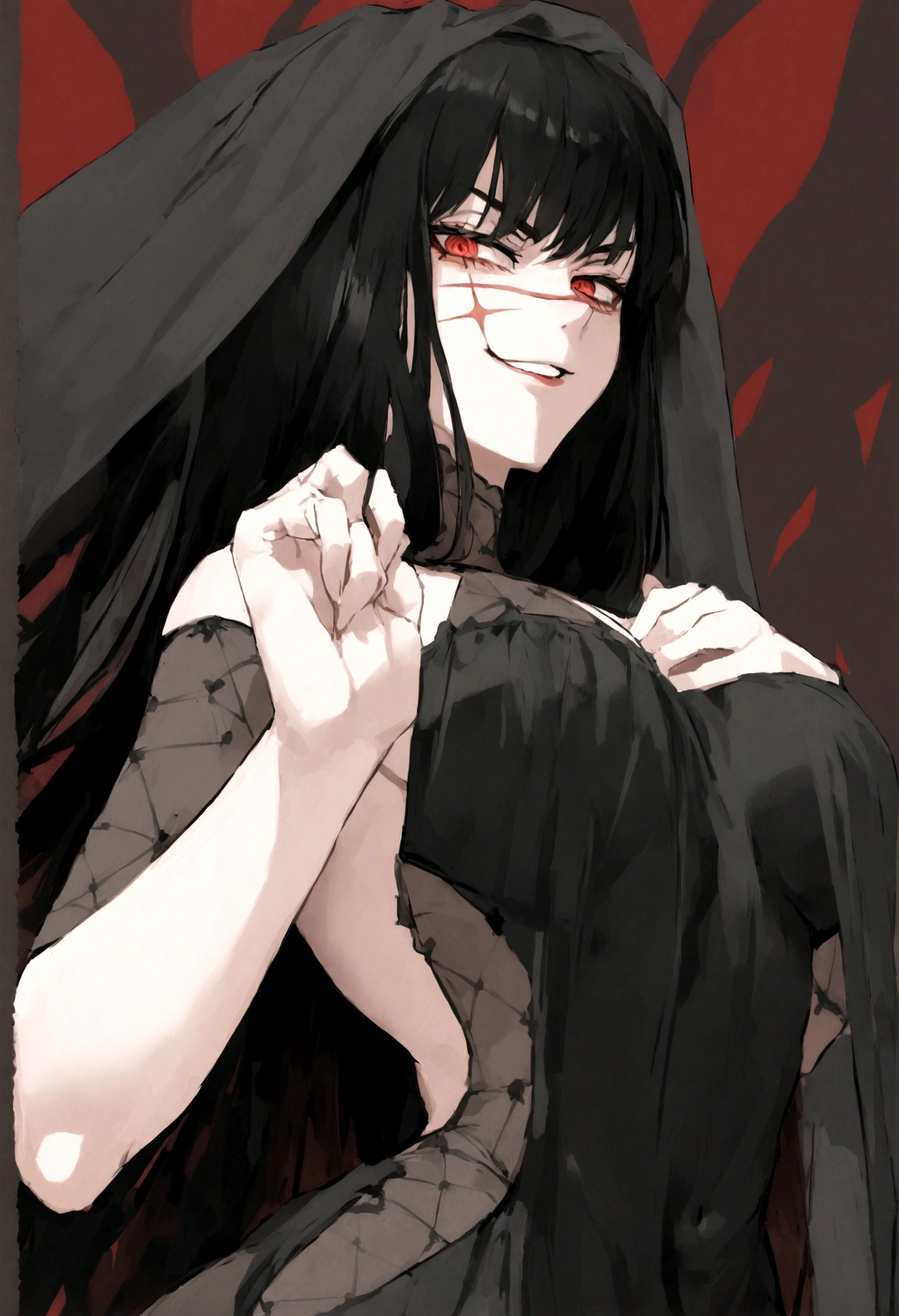 Yoru, Woman, Veiled clothes, volumptious body, long black hair, alluring pose, evil smile, 