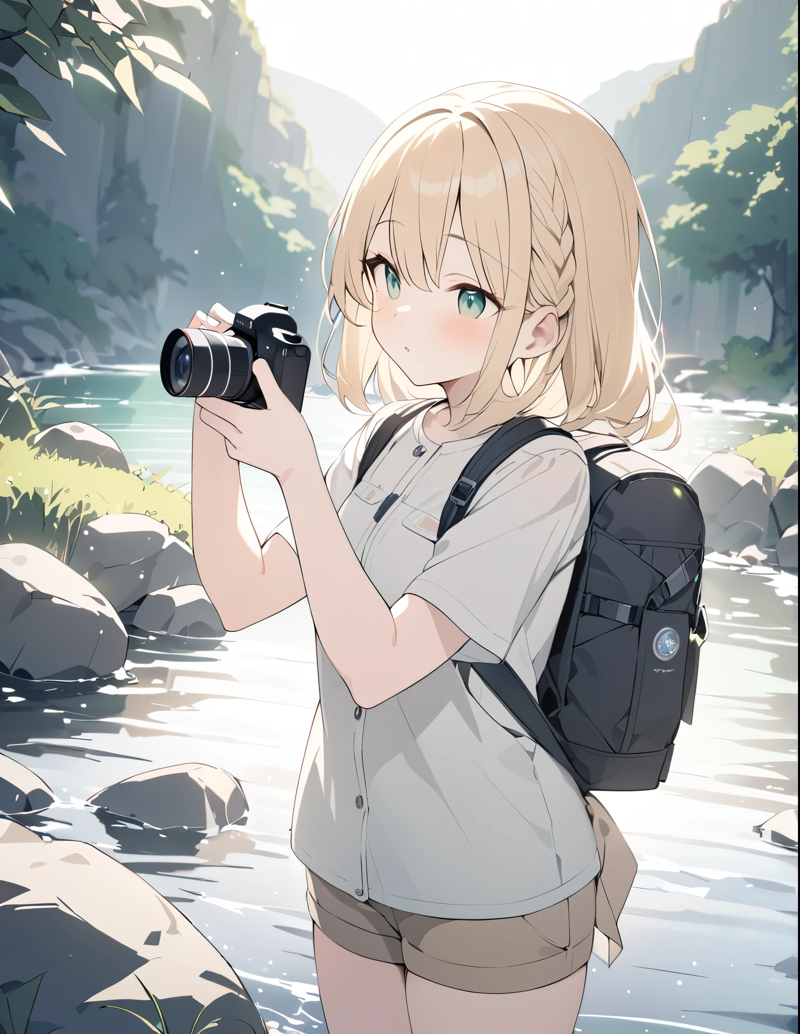 ((pale colour)),35mm, f/1.2, UHD, high details, best quality, highres, masterpiece、Blonde、Shortcuts、Emerald Eyes、cute、Braid、Taking pictures of the scenery with a camera、Girl Holding Camera、Hiking Clothing、Ruck sack、Light effects、Glittering rivers、There&#39;s a little bird nearby