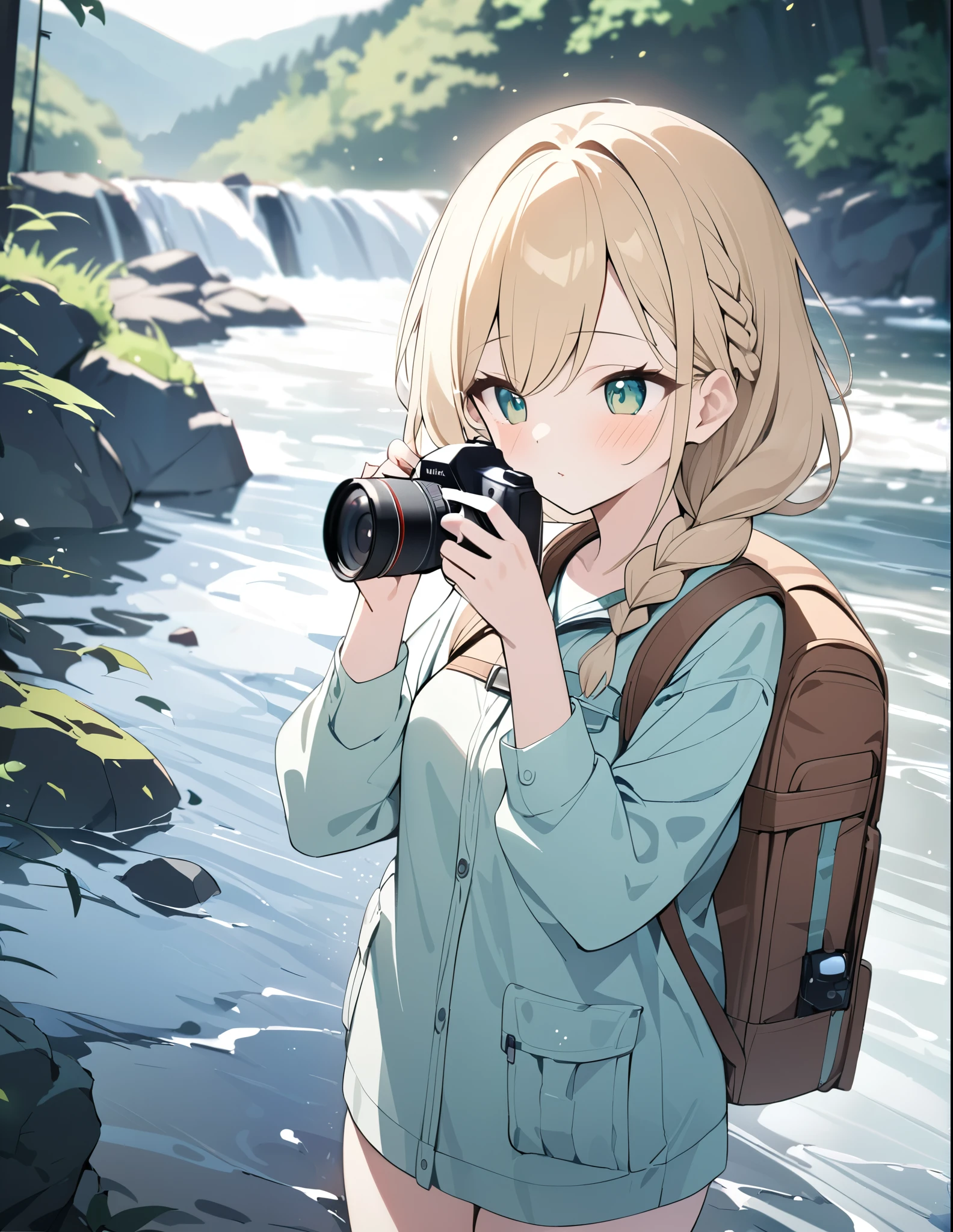 ((pale colour)),35mm, f/1.2, UHD, high details, best quality, highres, masterpiece、Blonde、Shortcuts、Emerald Eyes、cute、Braid、Taking pictures of the scenery with a camera、Girl Holding Camera、Hiking Clothing、Ruck sack、Light effects、Glittering rivers、There&#39;s a little bird nearby