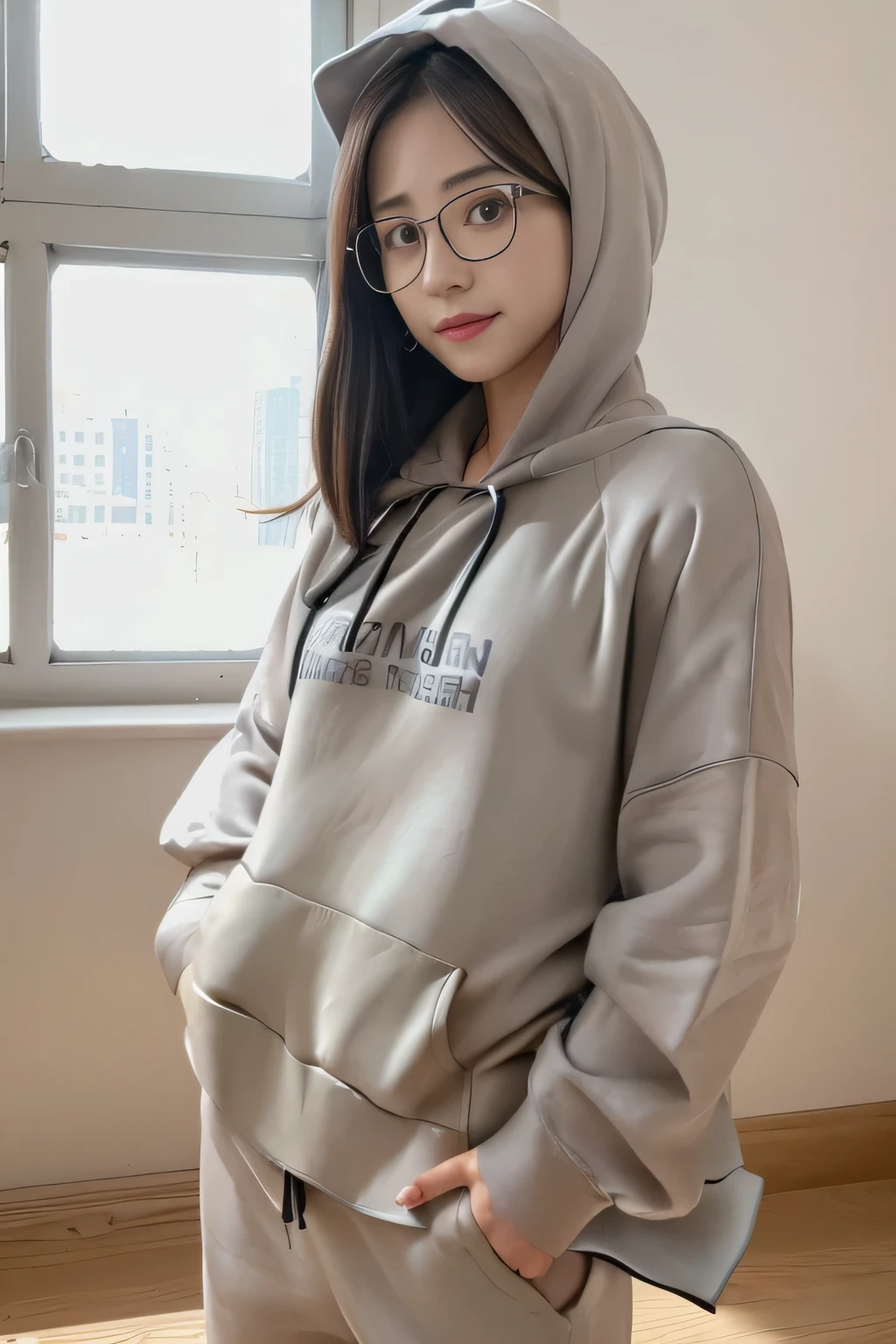 masterpiece, best quality, ultra quality, high quality, realistic, photo realistic,,natural lighting,(cinematic lighting:1.4),RAW photo, hyper detailed, intricate detailed, perfect anatomy, Fujifilm XT3, BREAK 1girl,Japanese,(slender abs:1.3),large hip,(camel toe:1.2),(Black semi-long straight hair over one eye:1.2), (smile:1.3),(blushing:1.3),teary eyes,(light gray sweat pants:1.3), BREAK (downblouse:1.3), BREAK (light gray hoodie:1.3),(breast focus), (looking at the floor),( looking to the side),( looking at another:1.4), BREAK (in gymnasium:1.5),(indoor), (mideum shot), ,from front,(down hood:1.3),(Glasses:1.3),,(no bra),(cotered nipples),Oversized_hoodie,(braless),oversized_hoodie_e, ((hoodie:1.5)), long sleeves, BREAK (light gray hoodie:1.3),