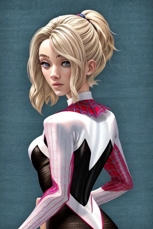 Gwen Stacy em moderno terno longo casaco Frock, Traje moderno de Spider-Gwen, moda moderna, preto longo Frock coat moda, bela Gwen stacy, casaco Frock longo moderno em vez de traje de mulher aranha, describe in a concise and moda moderna