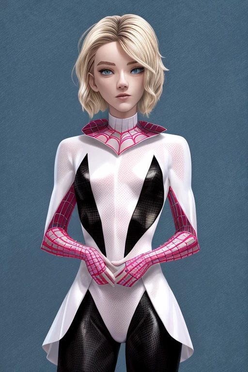 Gwen Stacy em moderno terno longo casaco Frock, Traje moderno de Spider-Gwen, moda moderna, preto longo Frock coat moda, bela Gwen stacy, casaco Frock longo moderno em vez de traje de mulher aranha, describe in a concise and moda moderna