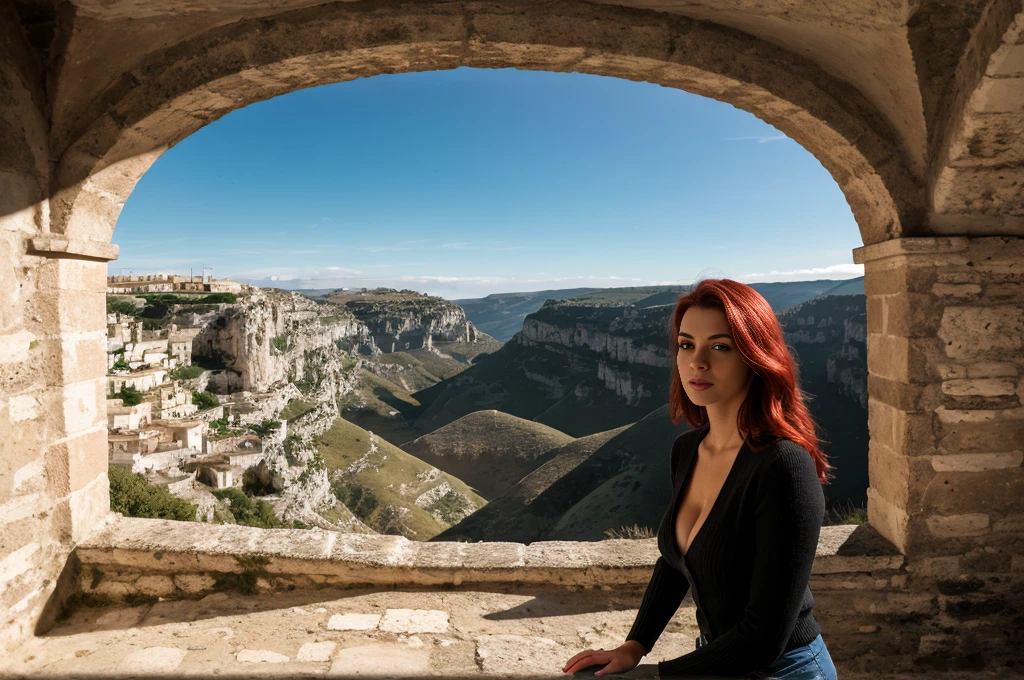 instagram photo, 65yo French woman, long loose windy hair, red hair, wide panorama landscape view, sweater, cleavage, pale, hard shadows, in sassi_di_matera. [8K, Best Quality, Masterpiece, Ultra High Resolution, (highly detailed CG unity 8k wallpaper), (best photo), (best shadows), isometric 3D, octane rendering, ray tracing, highly detailed, Realistic hands. Blurred foreground]