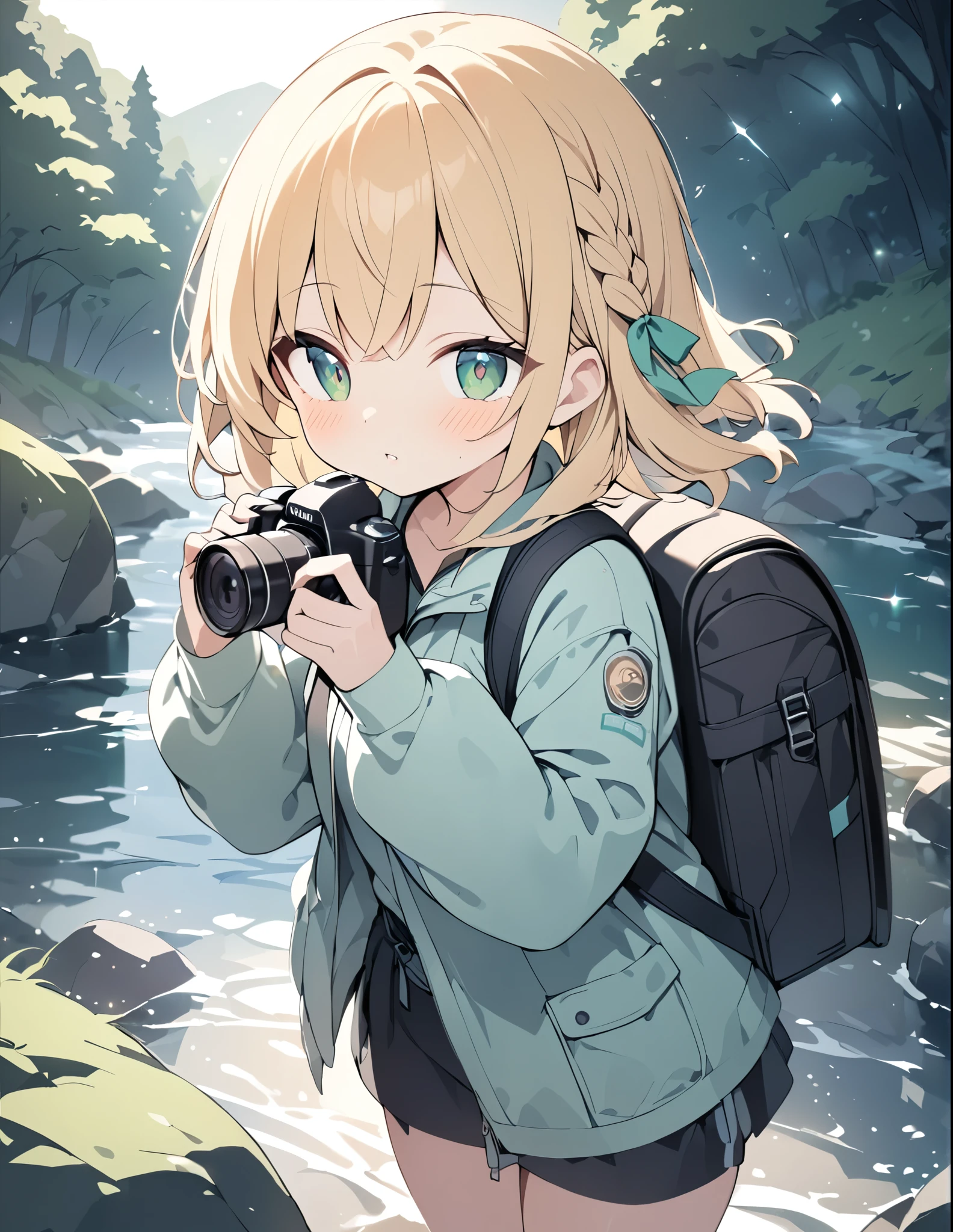 ((pale colour)),35mm, f/1.2, UHD, high details, best quality, highres, masterpiece、Blonde、Shortcuts、Emerald Eyes、cute、Braid、Taking pictures of the scenery with a camera、Girl Holding Camera、Hiking Clothing、Ruck sack、Light effects、Glittering rivers、birdie、Look forward