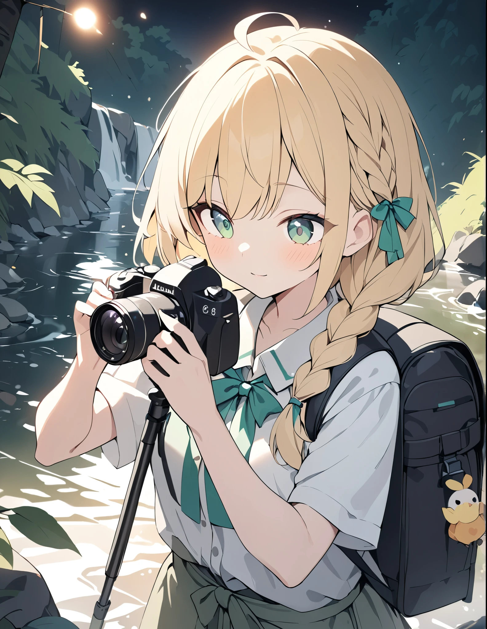 ((pale colour)),35mm, f/1.2, UHD, high details, best quality, highres, masterpiece、Blonde、Shortcuts、Emerald Eyes、cute、Braid、Taking pictures of the scenery with a camera、Girl Holding Camera、Hiking Clothing、Ruck sack、Light effects、Glittering rivers、birdie、Look forward