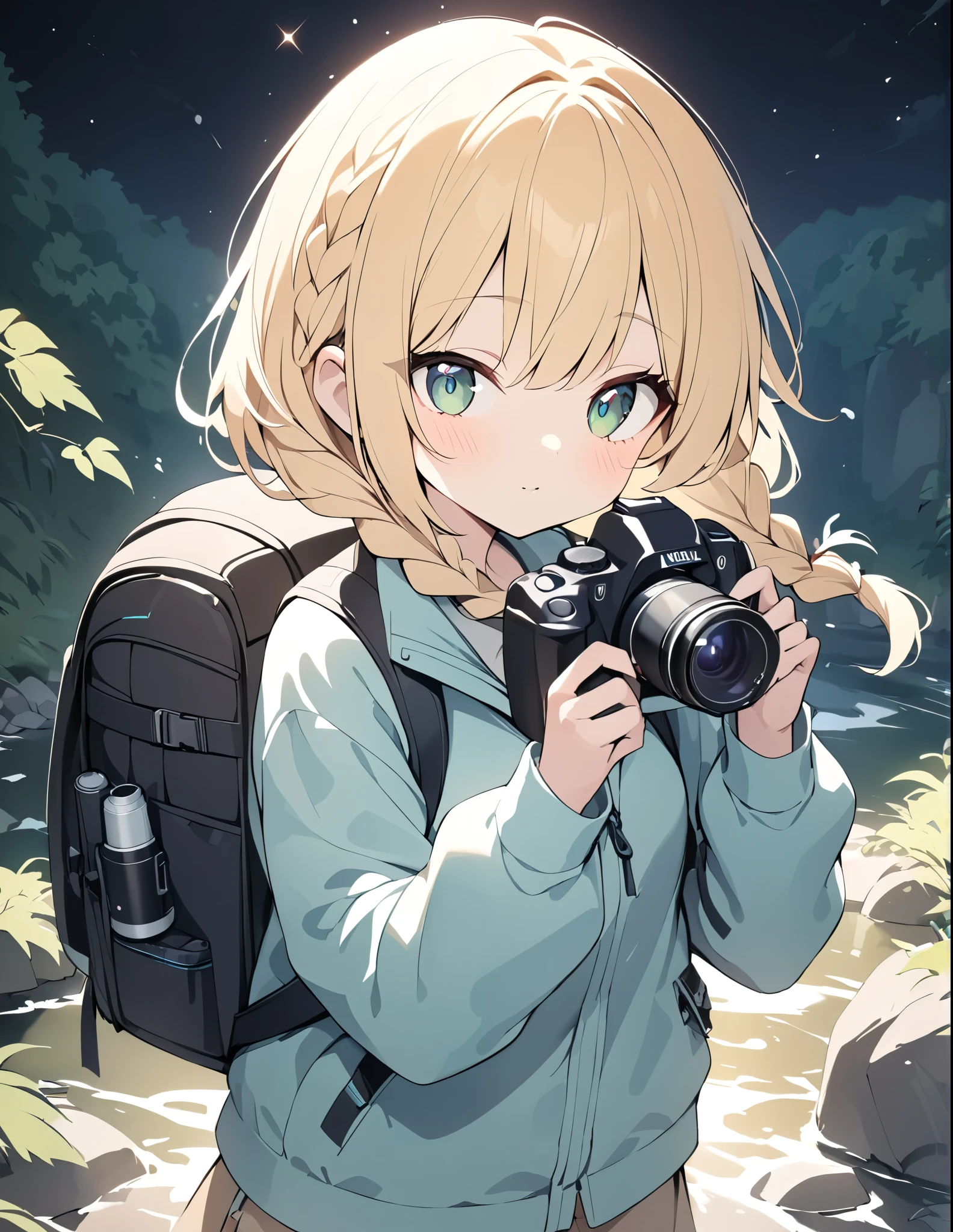 ((pale colour)),35mm, f/1.2, UHD, high details, best quality, highres, masterpiece、Blonde、Shortcuts、Emerald Eyes、cute、Braid、Taking pictures of the scenery with a camera、Girl Holding Camera、Hiking Clothing、Ruck sack、Light effects、Glittering rivers、birdie、Look forward