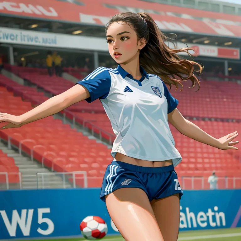 ((best quality)), ((masterpiece)), (detailed), young woman during soccer match, tackle, visible panties