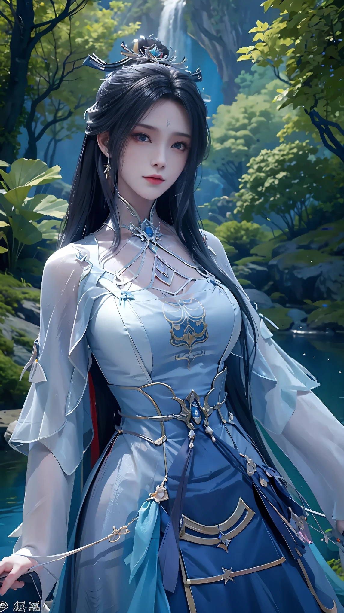 The painting shows a woman in a blue dress standing in a pool, Beautiful character painting, ((Beautiful fantasy queen)), Beauvot Art Style, closeup fantasy with water magic, Artwork in the style of Guweiz, Inspired by Chen Yifei, Ethereal Beauty, Beautiful fantasy queen, Inspired by Zhang Yan, palace ， Girl wearing Hanfu (Optimal lighting), (Super intricate details), 4k unity, (Super detailed CG),masterpiece, Exquisite facial features, Delicate hair depiction, Detailed description