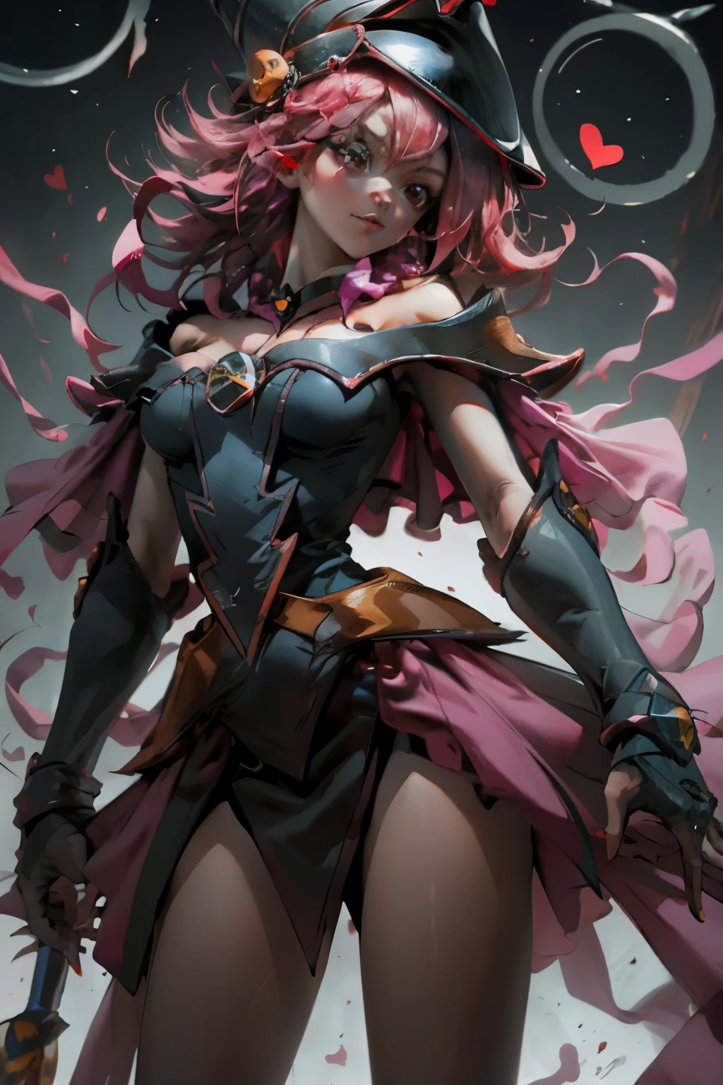 Hermosa maga oscura (obra maestra: 1.2, La mejor calidad), (1 , solamente), grandes senos, (dynamic posture), (piel brillante, crimson red skin), crimson red skin, Dark Maga Girl Sezy Demon Version, piel roja, Guantes finos y de encaje, ( small demonic horns:1.1), (Lilith \(acechadores oscuros\)), (cielo), fleco, (joya, Adorno dorado:1.15 ), pelvis grande, azul (grilletes:1.1) Dark Magician Girl Sexy Demon Version. Magic circle and magic hearts.. corazones magicos