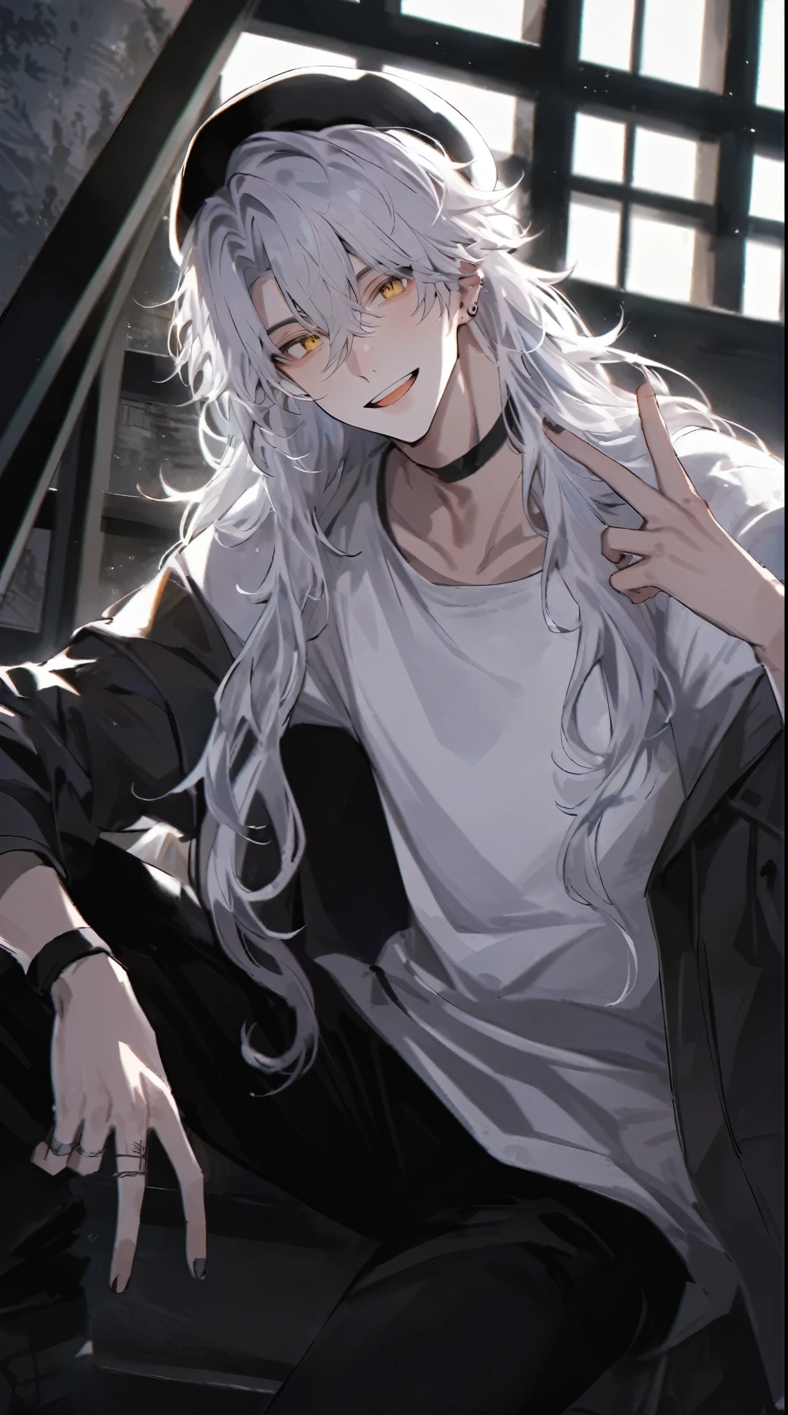 Beautiful young man,White very long hair,beret, light colored jean jacket, white t-shirt, peace sign, smile, Sit on the stairs,yellow eyes,high quality, amount of drawing, pixiv illustration --s 500 --sref --style raw