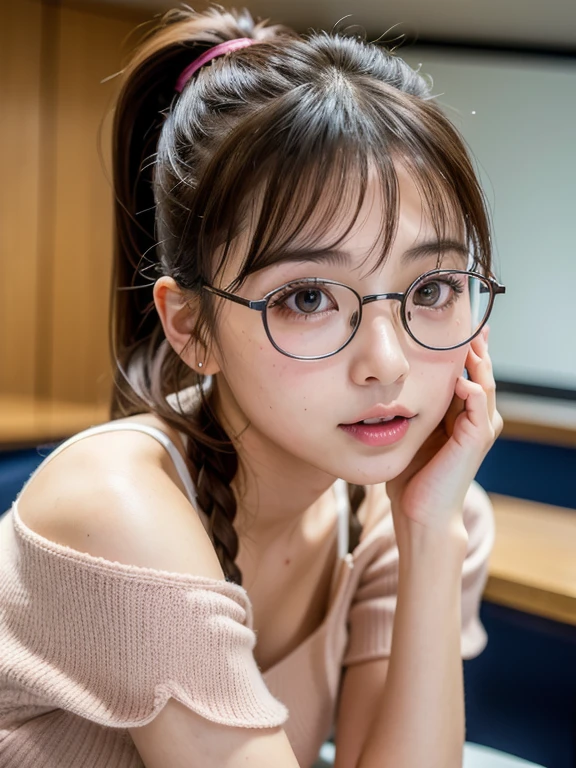 highest quality, Face Focus, Soft Light, Ultra-high resolution, (Realistic:1.4), RAW Photos,
1 Japanese girl, alone, cute, (student, Light enters the eyes),  beautiful, Detailed face, (Small breasts),(High resolution details of the human face.),
(ponytail),
University lecture room,
Large knit、Off the shoulder,Underwear is visible、blush、
(Portraiture)、High angle、Selfie、freckles、Round Glasses、Open your mouth a little