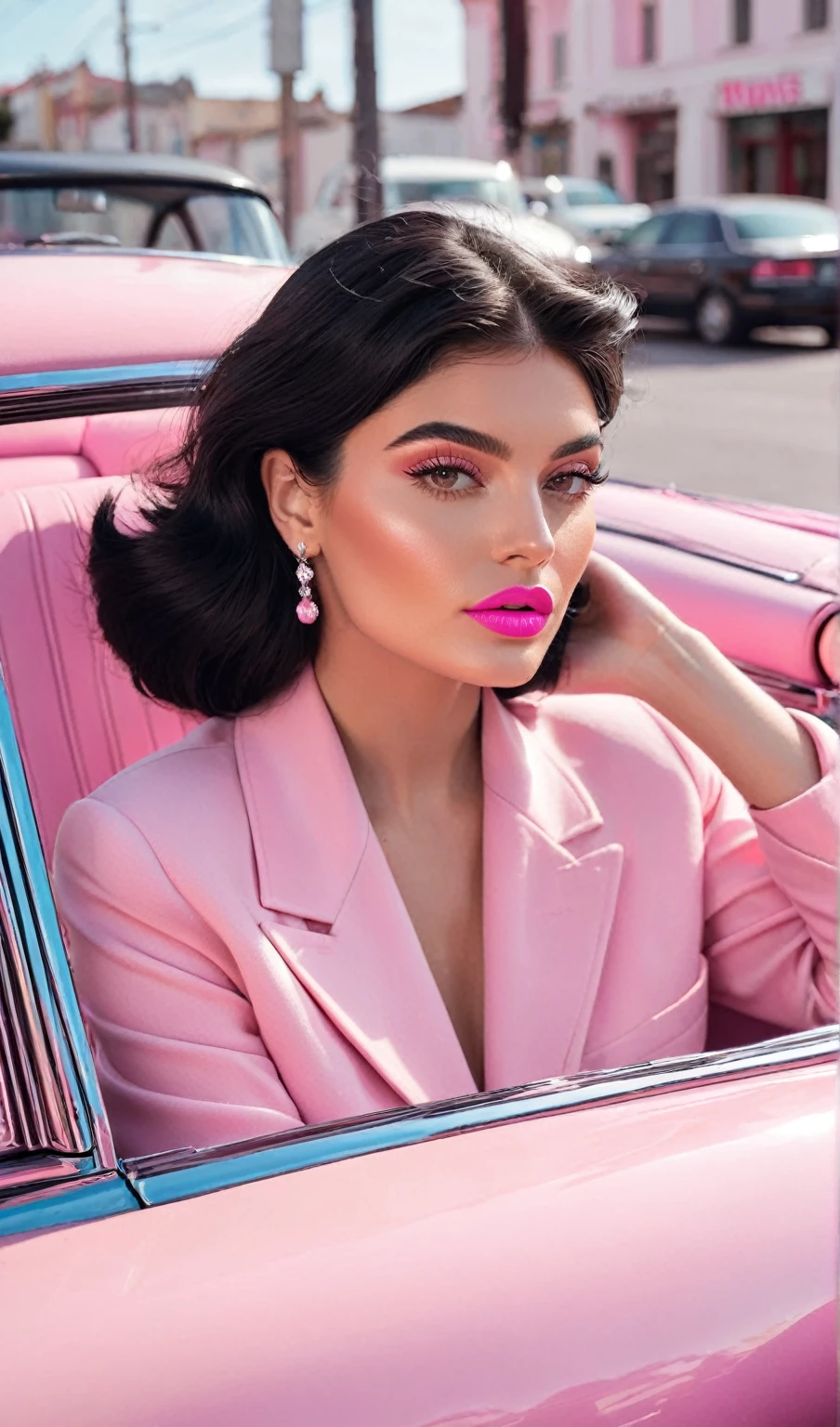 a close up of a woman in a pink car with a pelaje rosa stole, una foto coloreada por Emma Andijewska, Instagram, arte pop, Kylie Jenner, mujer hermosa, labios rosadostick, belleza asombrosa, algo de rosa, fijar, fijar, 50s vibes, pelaje rosa, fijar, labios rosados, hermosa estetica