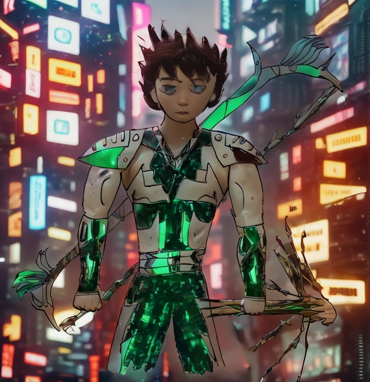 (ultra realistic,32k, masterpiece:1.2, UHD),(high detailed skin:1.1),( high quality:1.1), 1 boy, brown short raw cut hairs, brown eyes, green techno fantasy armor, cyberpunk, techno fantasy bow with ((energy bow arch)),((energy arrows)), caucasian race, light decourations, 18 years old
