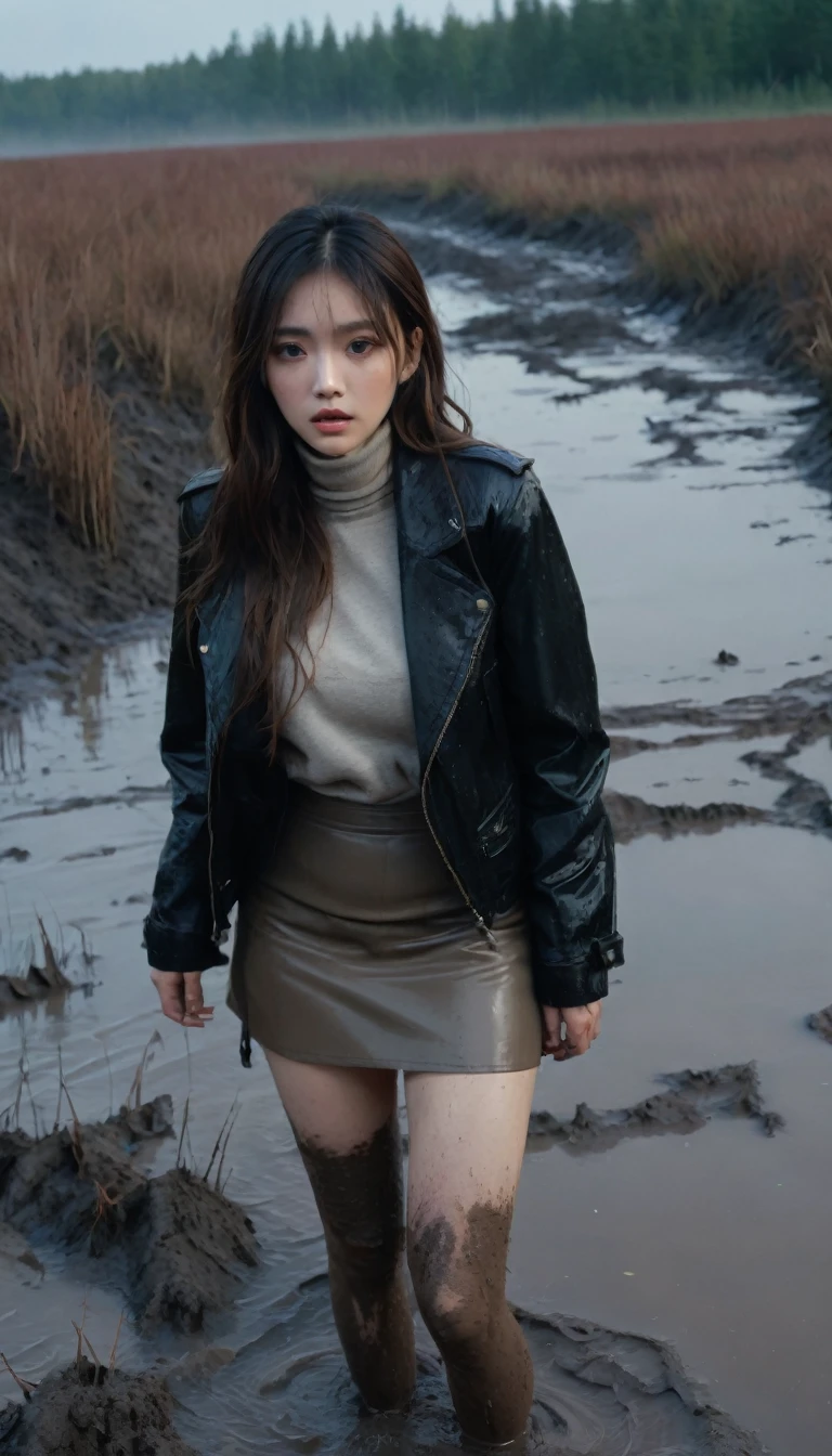 8k, ultra-detailed, documentary drama photo, grainy film photo, back view:1.0, close-up, masterpiece,muted colors, muffled light, dusk, rainy, moody, woman drowning in forest mud bog, shame expression, muddy stockings, messy pencil skirt, light turtleneck, messy faded leather jacket, beautiful long brunette hair, depraved outfit,asian:0.5fetishistic makeup,