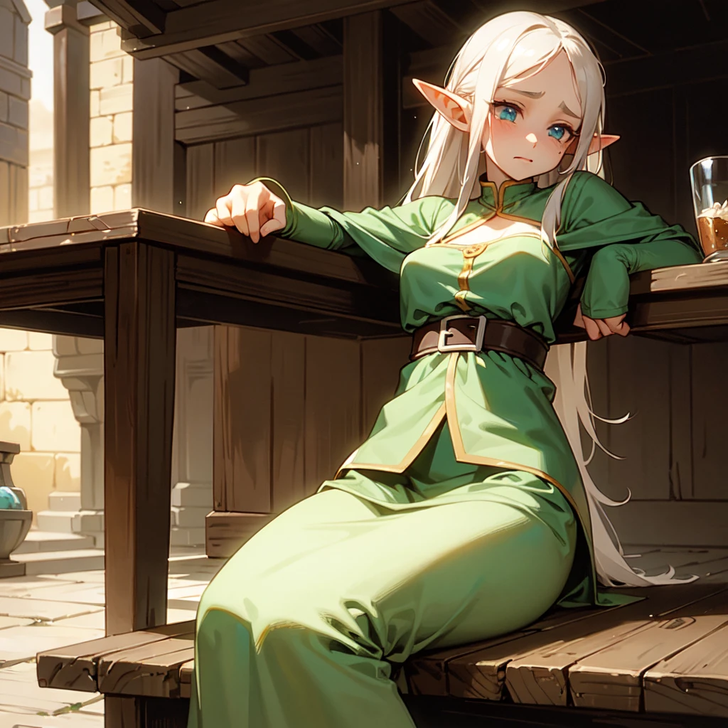 an elf girl, tear, sad, beautiful, sitting in a tavern, medieval era,