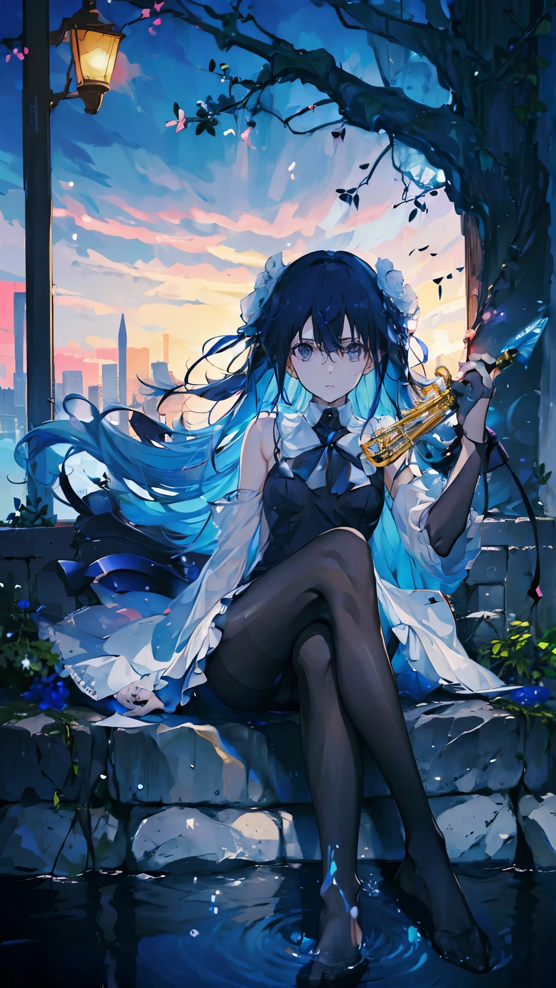 (Extremely refined:1.5),1 girl, sitting in water， Foot washing，Pantyhose，No shoes，trumpet，Female Kirito，long hair
