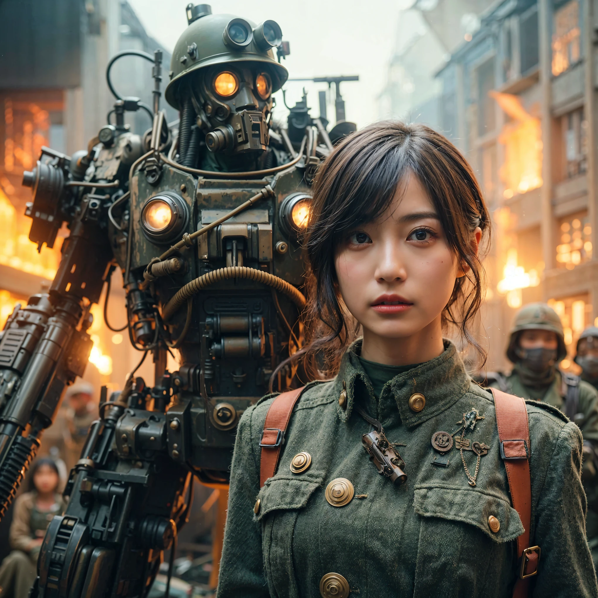 A fictional WWII Japanese female soldier piloting a humanoid weapon of the Imperial Japanese Army、Beautiful Face、Torn trousers、dirty clothes、Very intricate details、Olive drab paint、Peeling paint、Weathering、Trench Warfare Background、Photorealistic、taken with Fuji film X-T30+Nokton. HDR10