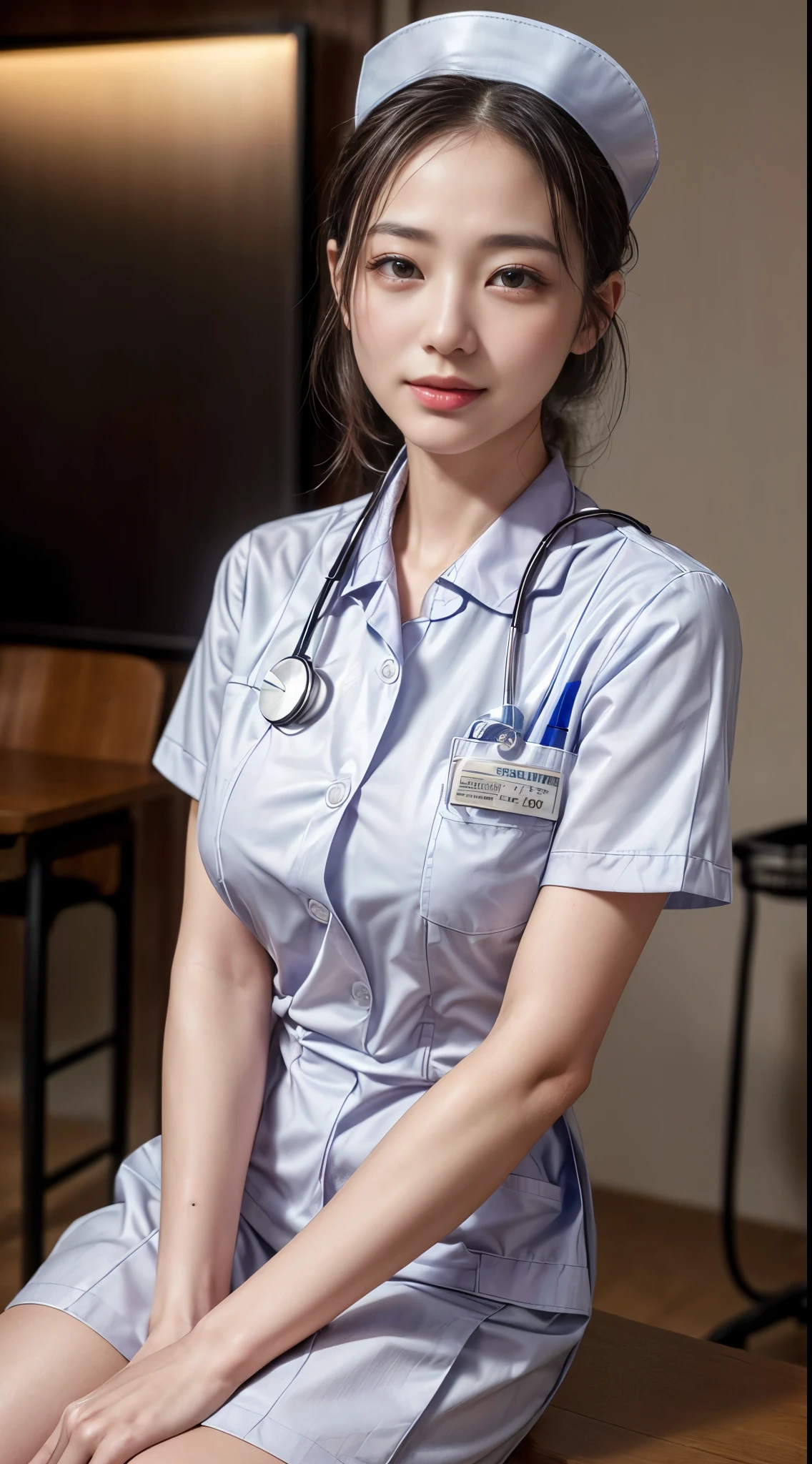 Everyday Scenes、Cowboy Shot、(hospital:1.5)、Female nurse、Modern hairstyle、smile、Big Breasts、(Mature Woman)、(24-years-old)、((Ultra tight uniform))、Trendy pastel color uniforms、Nurse shoes、Name tag on chest、Stethoscope from the neck、(Black Hair)、highest quality、超A high resolution、(Realistic:1.85)、Beautiful Japanese Eyes、Super Beauty、Perfect Style、Perfect balance、Detailed skin、((Delicate photo))，(Detailed RAW photos of girls), (Tabletop:1.25), (highest quality:1.6), (超A high resolution:1.5), (Realisticです:1.75), 8K resolution, Canon EOS R5, 50mm, Absurd, Very detailed,Cinema Lighting、