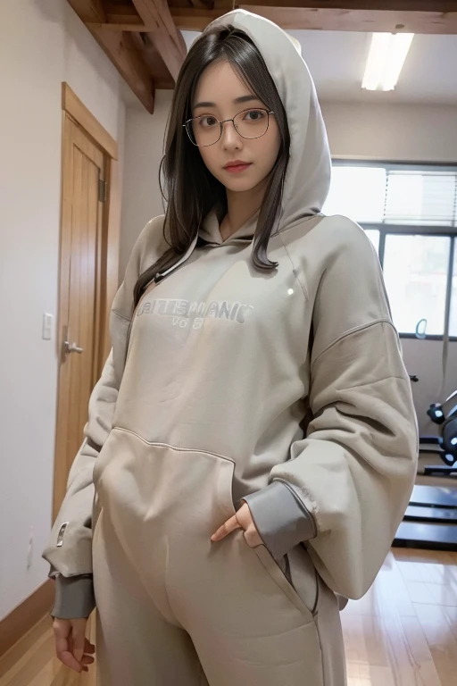masterpiece, best quality, ultra quality, high quality, realistic, photo realistic,,natural lighting,(cinematic lighting:1.4),RAW photo, hyper detailed, intricate detailed, perfect anatomy, Fujifilm XT3, BREAK 1girl,Japanese,(slender abs:1.3),large hip,(camel toe:1.2),(Black semi-long straight hair over one eye:1.2), (smile:1.3),(blushing:1.3),teary eyes,(light gray sweat pants:1.3), BREAK (downblouse:1.3), BREAK (light gray hoodie:1.3),(breast focus), (looking at the floor),( looking to the side),( looking at another:1.4), BREAK (in gymnasium:1.5),(indoor), (mideum shot), ,from front, standing,(down hood:1.3),(Glasses:1.3),,(no bra),(cotered nipples),Oversized_hoodie,(braless),oversized_hoodie_e, ((hoodie:1.5)), long sleeves, BREAK (light gray hoodie:1.3),