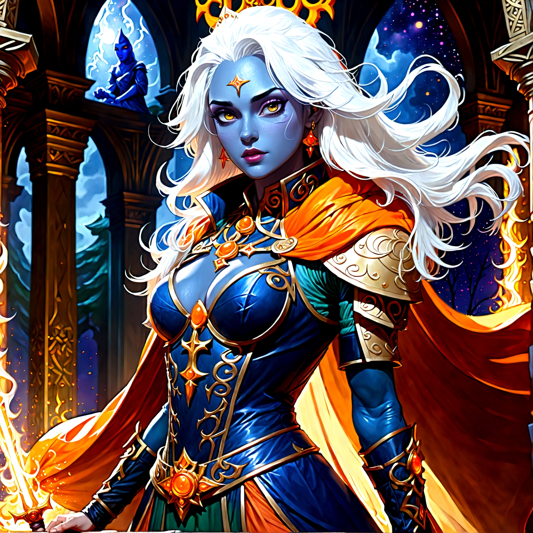 fantasy art, dnd art, RPG art, wide shot, (masterpiece: 1.4) a (portrait: 1.3) intense details, highly detailed, photorealistic, best quality, highres, portrait a female (fantasy art, Masterpiece, best quality: 1.3) ((blue skin: 1.5)), intense details facial details, exquisite beauty, (fantasy art, Masterpiece, best quality) cleric, ((deep blue skin: 1.5)) female, ((white hair: 1.5)), long hair, (((no ears: 1.5))), (green eyes: 1.3), armed with a fiery sword red fire, wearing (twilight priestly combat vestments: 1.5), wearing high heeled laced boots, wearing an (orange cloak:1.3), wearing glowing holy symbol GlowingRunes_yellow, within fantasy temple background, reflection light, high details, best quality, 16k, [ultra detailed], masterpiece, best quality, (extremely detailed), close up, ultra wide shot, photorealistic, RAW, fantasy art, dnd art, fantasy art, realistic art,((best quality)), ((masterpiece)), (detailed), perfect face, Cinematic Hollywood Film style