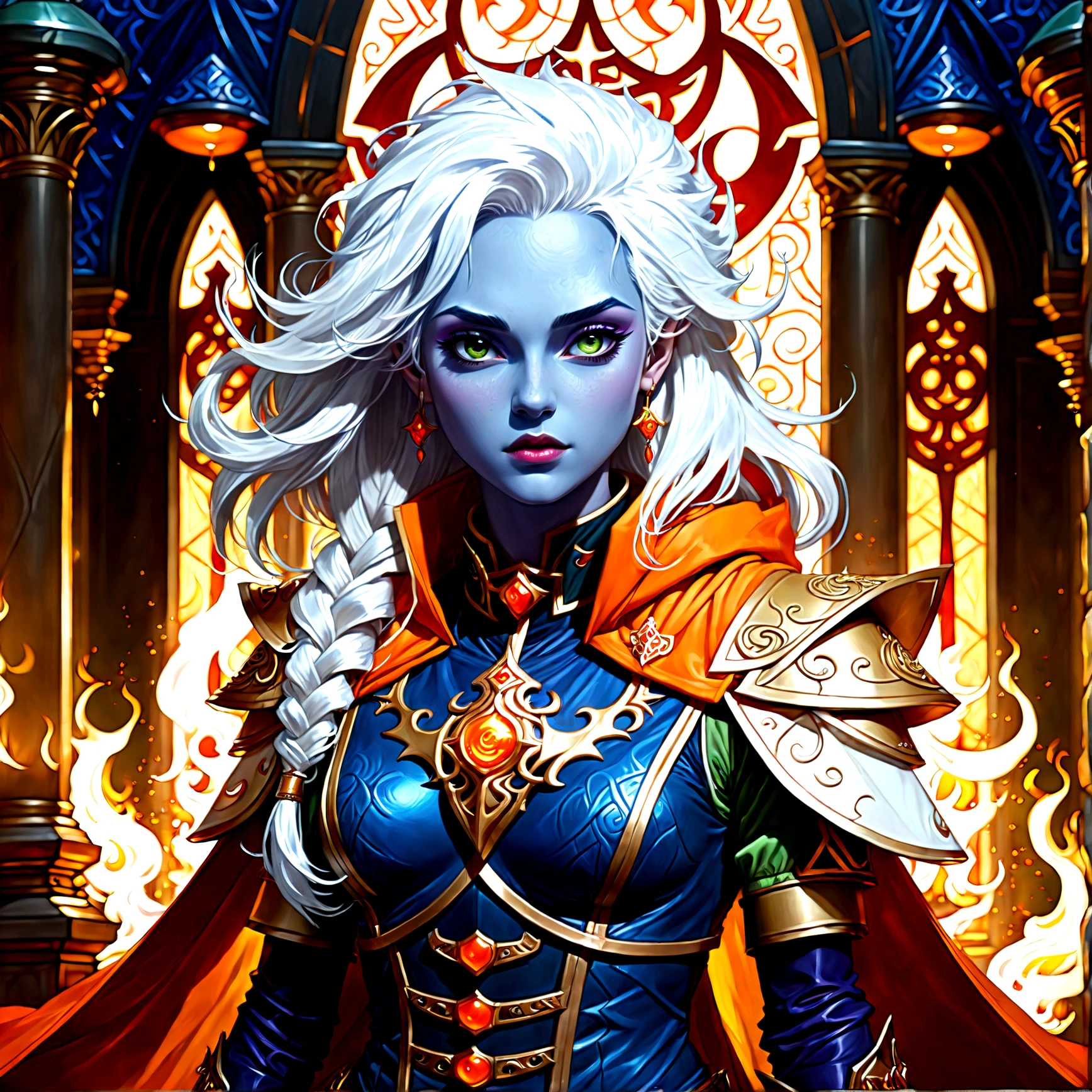 fantasy art, dnd art, RPG art, wide shot, (masterpiece: 1.4) a (portrait: 1.3) intense details, highly detailed, photorealistic, best quality, highres, portrait a female (fantasy art, Masterpiece, best quality: 1.3) ((blue skin: 1.5)), intense details facial details, exquisite beauty, (fantasy art, Masterpiece, best quality) cleric, ((deep blue skin: 1.5)) female, ((white hair: 1.5)), long hair, (((no ears: 1.5))), (green eyes: 1.3), armed with a fiery sword red fire, wearing (twilight priestly combat vestments: 1.5), wearing high heeled laced boots, wearing an (orange cloak:1.3), wearing glowing holy symbol GlowingRunes_yellow, within fantasy temple background, reflection light, high details, best quality, 16k, [ultra detailed], masterpiece, best quality, (extremely detailed), close up, ultra wide shot, photorealistic, RAW, fantasy art, dnd art, fantasy art, realistic art,((best quality)), ((masterpiece)), (detailed), perfect face, Cinematic Hollywood Film style