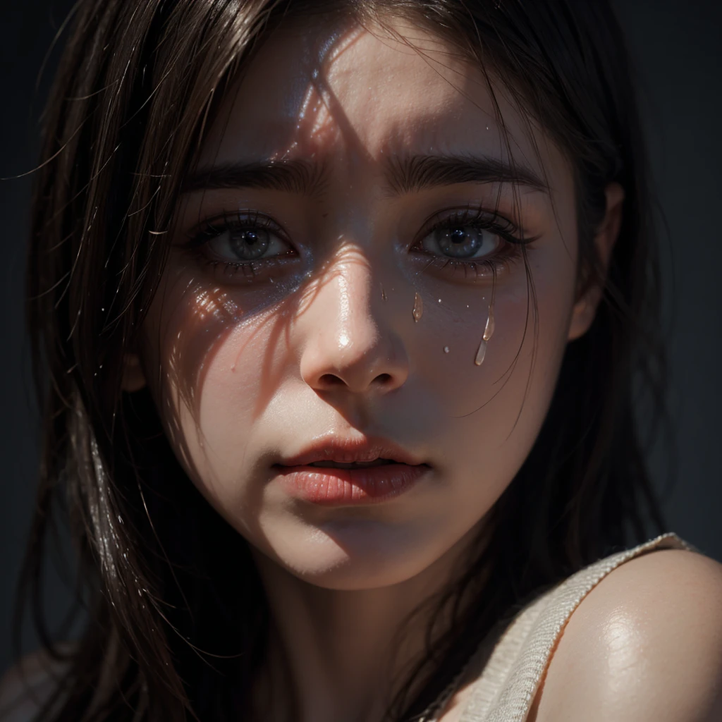 a girl sad and cries, bursts into tears, beautiful detailed eyes, beautiful detailed lips, extremely detailed face and features, longeyelashes, realistic, photorealistic, 8k, high quality, cinematic lighting, dramatic lighting, volumetric lighting, dramatic colors, cinematic colors, emotional, melancholic, tears, crying, sorrow, sadness