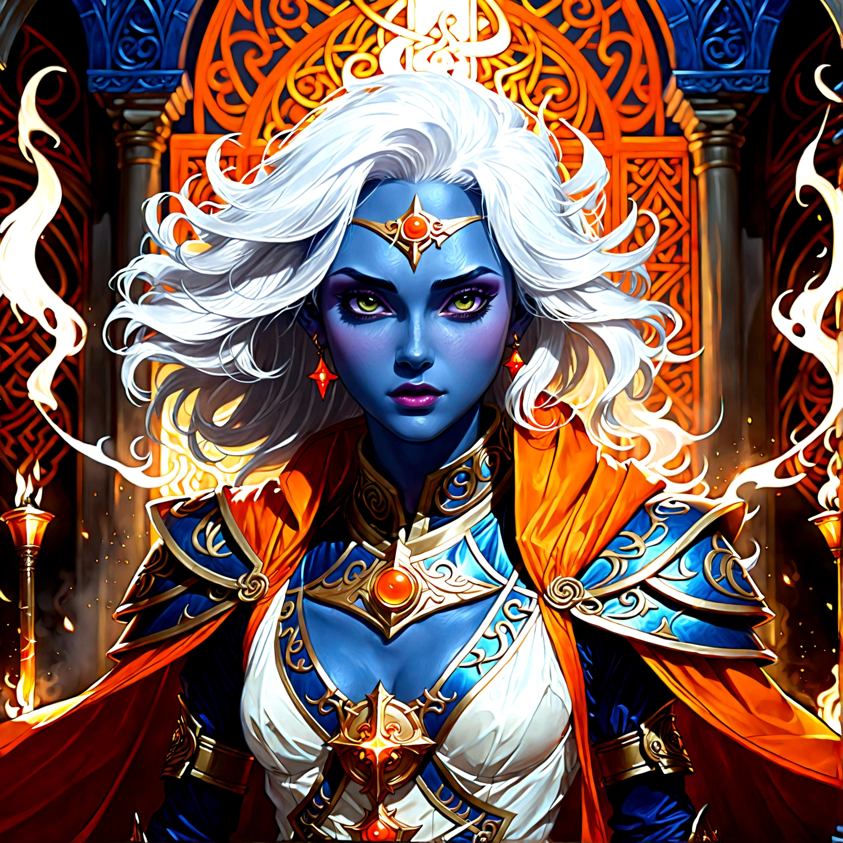 fantasy art, dnd art, RPG art, wide shot, (masterpiece: 1.4) a (portrait: 1.3) intense details, highly detailed, photorealistic, best quality, highres, portrait a female (fantasy art, Masterpiece, best quality: 1.3) ((blue skin: 1.5)), intense details facial details, exquisite beauty, (fantasy art, Masterpiece, best quality) cleric, ((cobalt blue skin: 1.5)) female, ((white hair: 1.5)), long hair, (((no ears: 1.5))), (green eyes: 1.3), armed with a fiery sword red fire, wearing (twilight priestly combat vestments: 1.5), wearing high heeled laced boots, wearing an (orange cloak:1.3), wearing glowing holy symbol GlowingRunes_yellow, within fantasy temple background, reflection light, high details, best quality, 16k, [ultra detailed], masterpiece, best quality, (extremely detailed), close up, ultra wide shot, photorealistic, RAW, fantasy art, dnd art, fantasy art, realistic art,((best quality)), ((masterpiece)), (detailed), perfect face, Cinematic Hollywood Film style