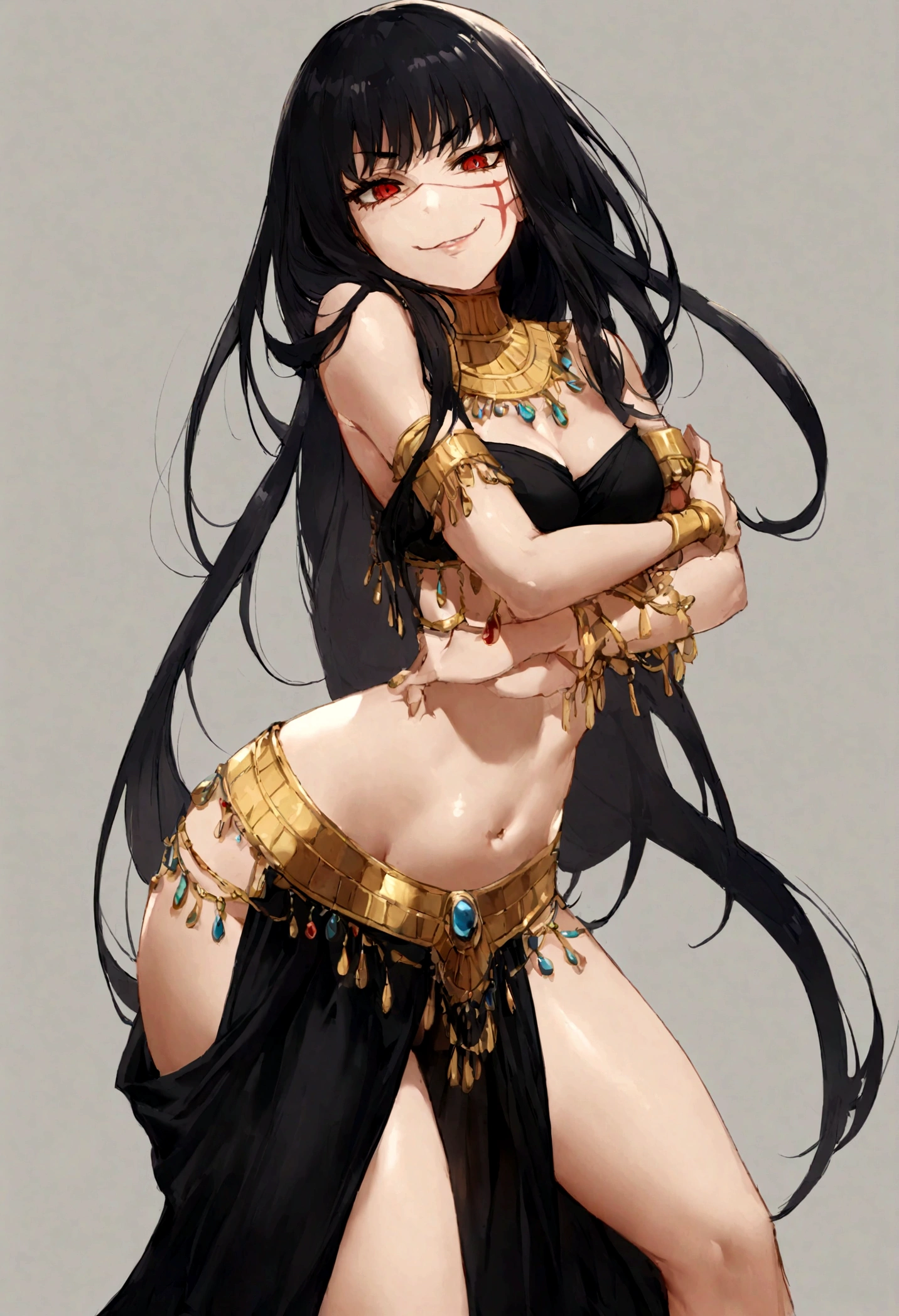 Yoru, Woman, egyptian style clothes, belly dancer outfit,volumptious body, long black hair, alluring pose, evil smile, leaning towards viewer