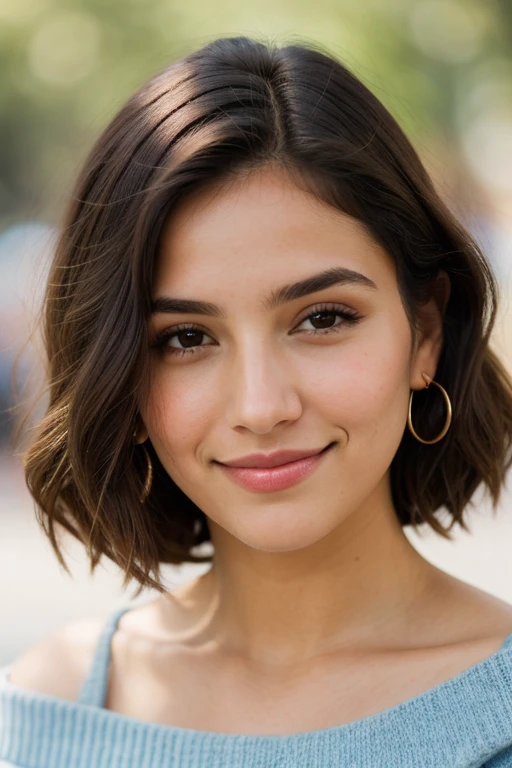 ((mejor calidad)), ((obra maestra)), (detallado), 1 chica, off shoulder sweater, Un primer plano del rostro de una hermosa mujer, captured in 15k Full HD resolution. Su piel es impecable y radiante, con una textura suave y natural. Tiene ojos grandes y expresivos de color azul zafiro, framed by long, dense eyelashes. Sus labios son carnosos y ligeramente curvados en una sonrisa serena. Su cabello es largo y lacio, cayendo con gracia alrededor de su rostro. The lighting is soft and uniform, highlighting your facial features with precision and detail. The background is blurred to keep attention on his face., creating a bokeh effect that adds depth to the image."