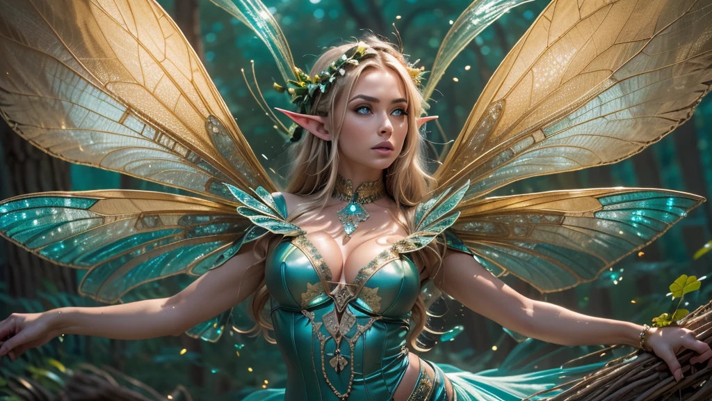 Beautiful faerie woman, elf ear, flying, hovering, floating, centered holographic dragonfly wings, balanced wings, glowing blue eyes, detailed proportional hand, manicured hands, proportional body, firm breast, silk tutu, oak tree forest, frank Frazzetta painting style, (Best Quality:1.4), (Ultra-detailed), (extremely detailed CG unified 8k wallpaper), Highly detailed, RAW Photos, Professional Photography, plein air, Illumination, (Super fancy photos:1.4), (Dazzling light), Radiant Photography, depth of fields,