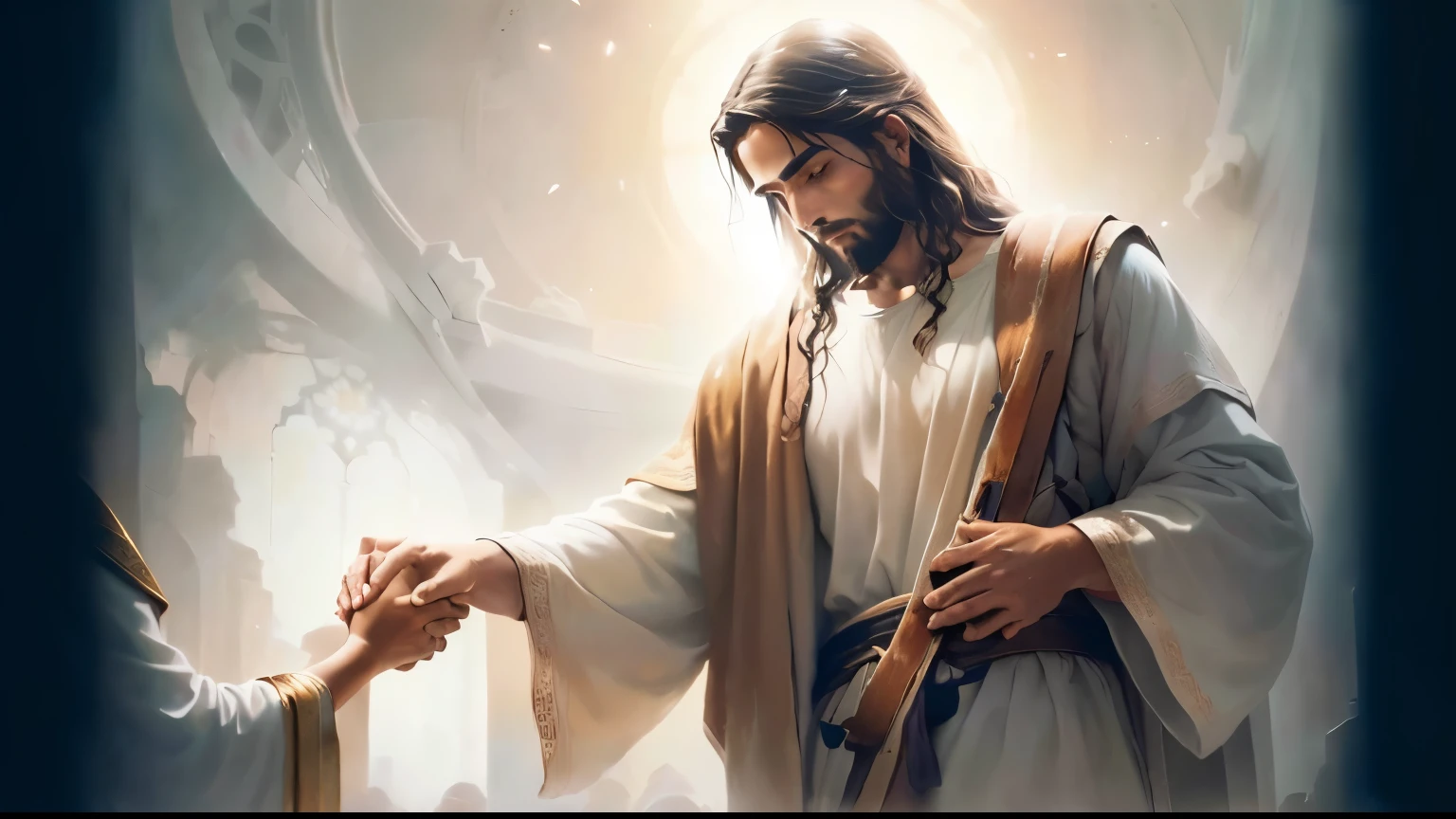 Jesus is holding the hand of a man who is holding a cross, he is greeting you warmly, Jesus Cristo, o senhor e salvador, jesus, jovem deus todo-poderoso, Jesus of Nazareth, portrait of Jesus Cristo, In your right hand, ! holding in hand !, pintura religiosa, Beautiful representation, beautiful image already created, imagens religiosas, imagens sagradas