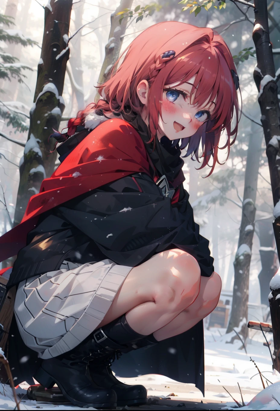 kurosaki mea,Redhead,Long Hair,Long braids,Purple eyes,smile,smile,blush,White Breath,
Open your mouth,snow,Ground bonfire,,Outdoor, boots, snowing, From the side, wood, suitcase, Cape, Blurred, , forest, White handbag, nature,  Squat, Mouth closed, Cape, winter, Written boundary depth, Black shoes, red Cape break looking at viewer, Upper Body, whole body, break Outdoor, forest, nature, break (masterpiece:1.2), highest quality, High resolution, unity 8k wallpaper, (shape:0.8), (Beautiful and beautiful eyes:1.6), Highly detailed face, Perfect lighting, Extremely detailed CG, (Perfect hands, Perfect Anatomy),