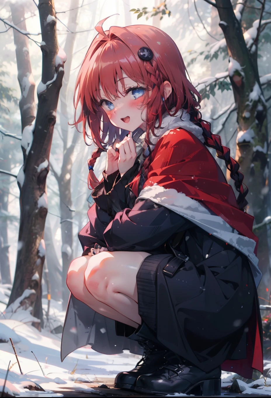 kurosaki mea,Redhead,Long Hair,Long braids,Purple eyes,smile,smile,blush,White Breath,
Open your mouth,snow,Ground bonfire,,Outdoor, boots, snowing, From the side, wood, suitcase, Cape, Blurred, , forest, White handbag, nature,  Squat, Mouth closed, Cape, winter, Written boundary depth, Black shoes, red Cape break looking at viewer, Upper Body, whole body, break Outdoor, forest, nature, break (masterpiece:1.2), highest quality, High resolution, unity 8k wallpaper, (shape:0.8), (Beautiful and beautiful eyes:1.6), Highly detailed face, Perfect lighting, Extremely detailed CG, (Perfect hands, Perfect Anatomy),