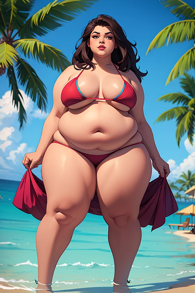 1 girl, morbidly obese gorgeous woman, long hair, (bikini), (double chin), overweight, (huge belly), big breasts, make-up, exotic island,
