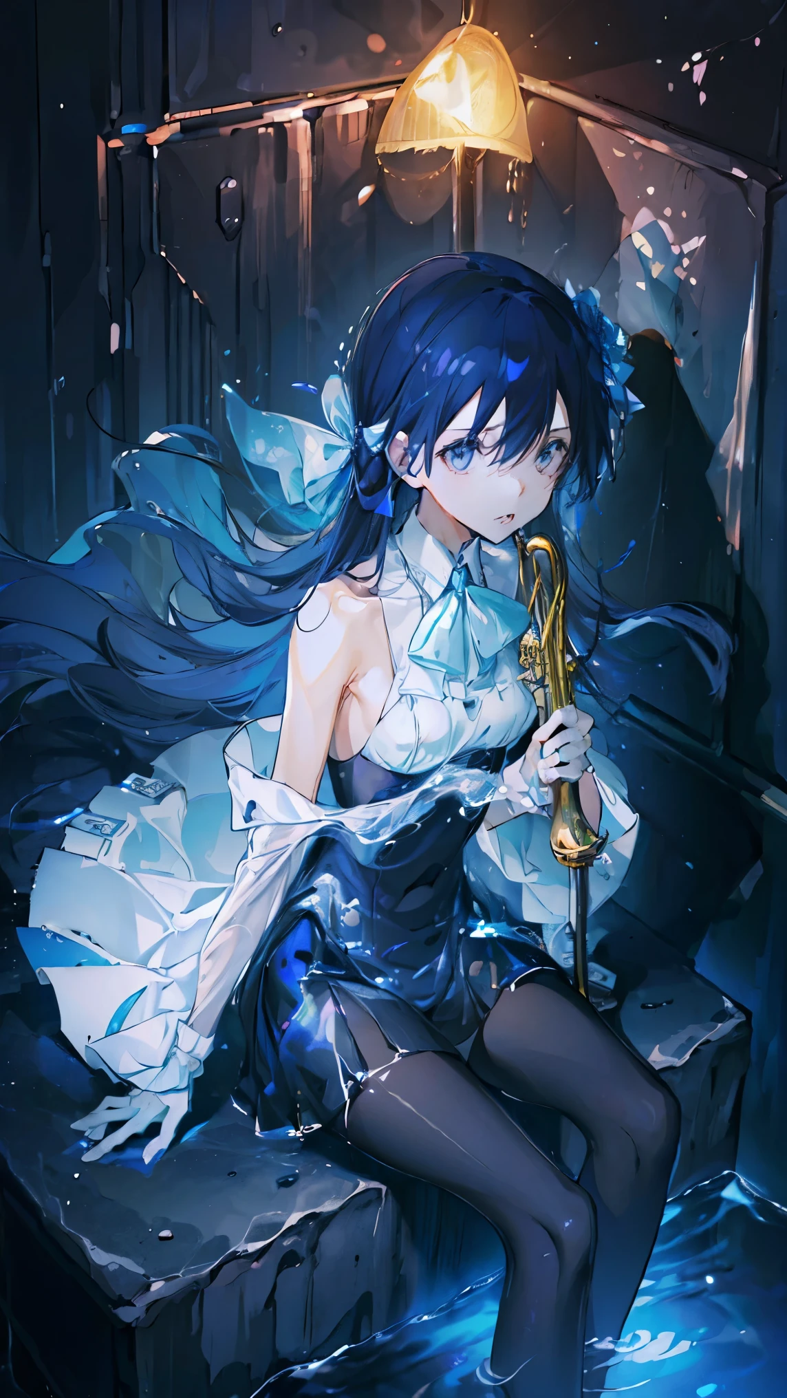 (Extremely refined:1.5),1 girl, sitting in water, Foot washing,Pantyhose,No shoes,trumpet,Female Kirito,long hair