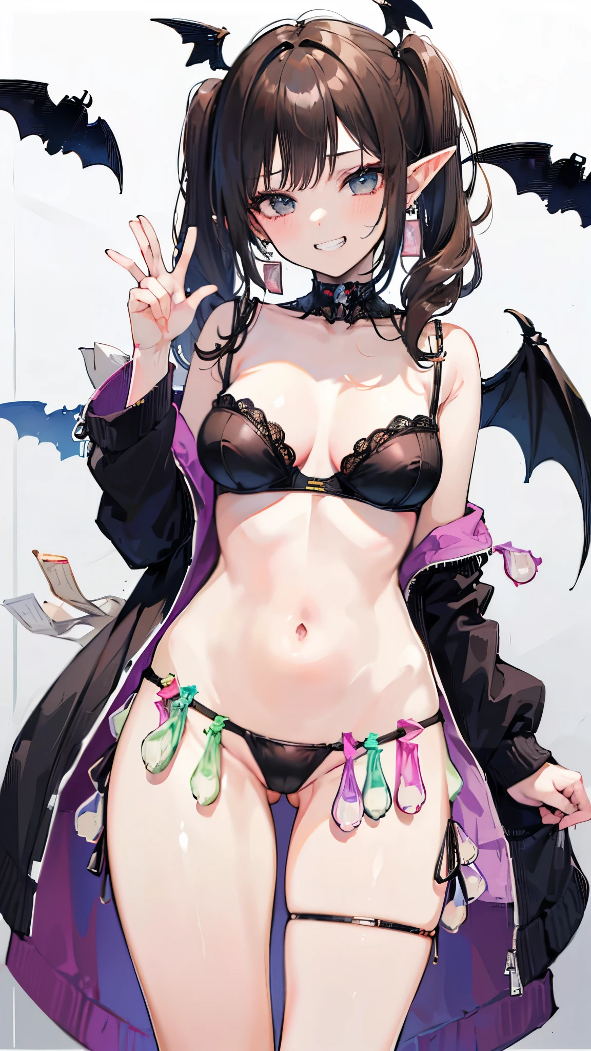 ((masterpiece、highest quality、Very detailed))、One Girl、Brown Hair、Long Hair、((low twintails))、Grey Eyes、((Pointed Ears))、Earrings、evil smile、((Grin))、Moderate breasts、((black bra))、Strapless、((black panties))、((Bat Wings))、((condom belt:1.8))、((used condom))、Cowboy Shot、((night))、Backstreet background