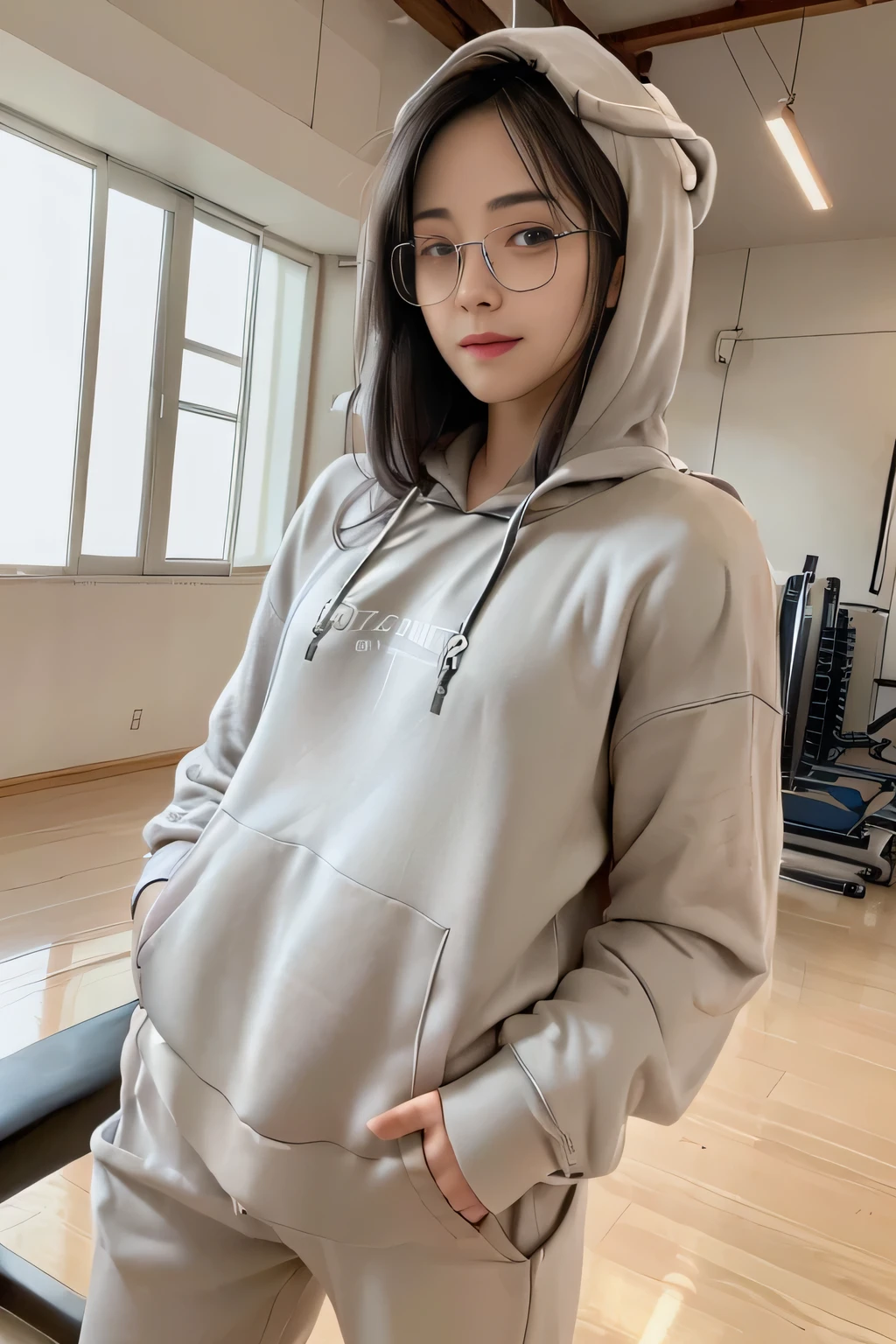 masterpiece, best quality, ultra quality, high quality, realistic, photo realistic,,natural lighting,(cinematic lighting:1.4),RAW photo, hyper detailed, intricate detailed, perfect anatomy, Fujifilm XT3, BREAK 1girl,Japanese,(slender abs:1.3),large hip,(camel toe:1.2),(Black semi-long straight hair over one eye:1.2), (smile:1.3),(blushing:1.3),teary eyes,(light gray sweat pants:1.3), BREAK (downblouse:1.3), BREAK (light gray hoodie:1.3),(breast focus), (looking at the floor),( looking to the side),( looking at another:1.4), BREAK (in gymnasium:1.5),(indoor), (mideum shot), ,from front, standing,(down hood:1.3),(Glasses:1.3),,(no bra),(covered nipples),(braless),Oversized_hoodie,(braless),oversized_hoodie_e, ((hoodie:1.5)), long sleeves, BREAK (light gray hoodie:1.3),