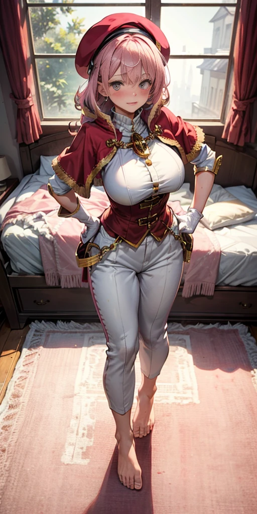 masterpiece, best quality, full body, barefoot, solo, female, big breast, beret, pink capelet, pink tunic, white pants, red gloves gauntlets, upper body looking at viewer, from above, shy blushed, mansion, room, finely decorated room, pink theme, big breast but cover, hands to hip