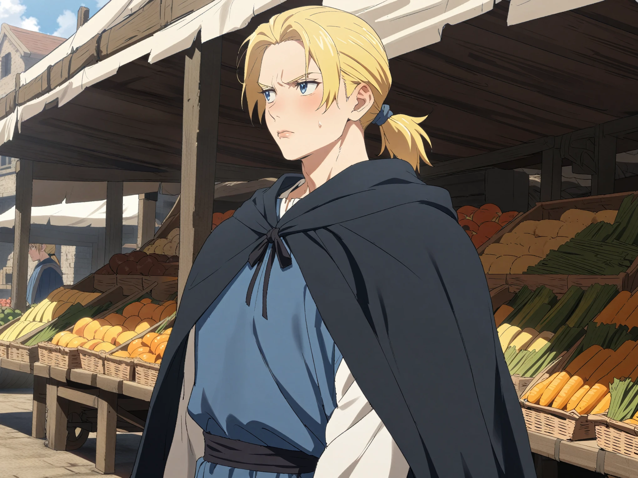 {{upper body}} {{Artist: Sincos}} muscular male, solo, tall, lean, handsome, blonde hair, short hair, high ponytail, short ponytail, straight hair, blue eyes, irritated, lips, standing, looking to side, outdoors, market, blue tunic, white sleeves, black cloak, medieval fantasy.
