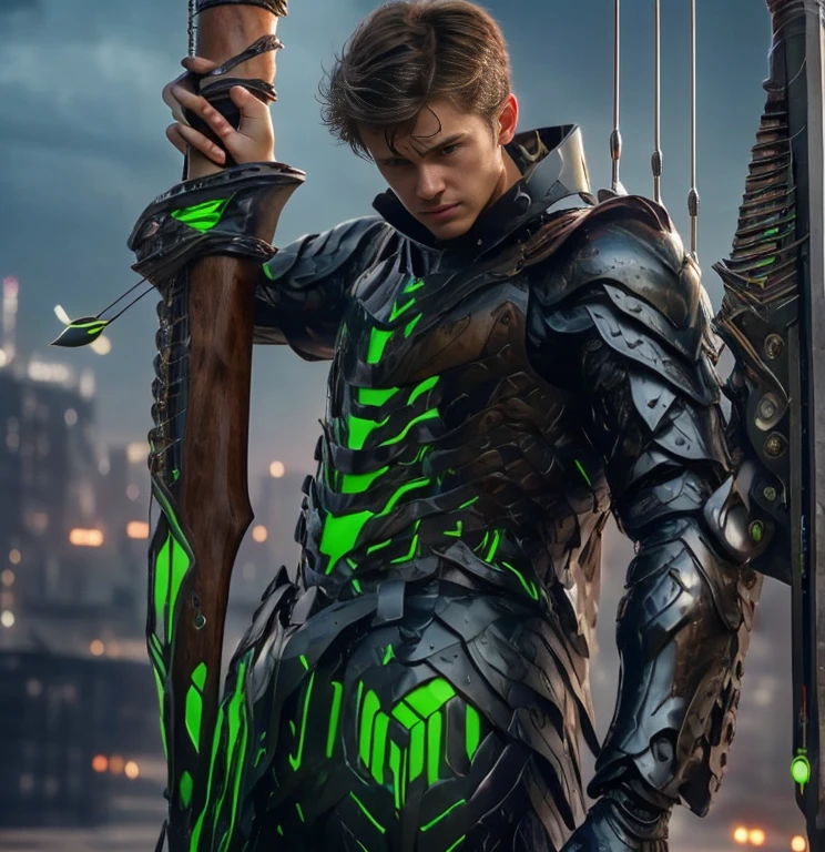 (ultra realistic,32k, masterpiece:1.2, UHD),(high detailed skin:1.1),( high quality:1.1), 1 boy, brown short raw cut hairs, brown eyes, green techno fantasy armor, cyberpunk, techno fantasy bow with ((energy bow arch)),((energy arrows)), caucasian race, light decourations, 18 years old
