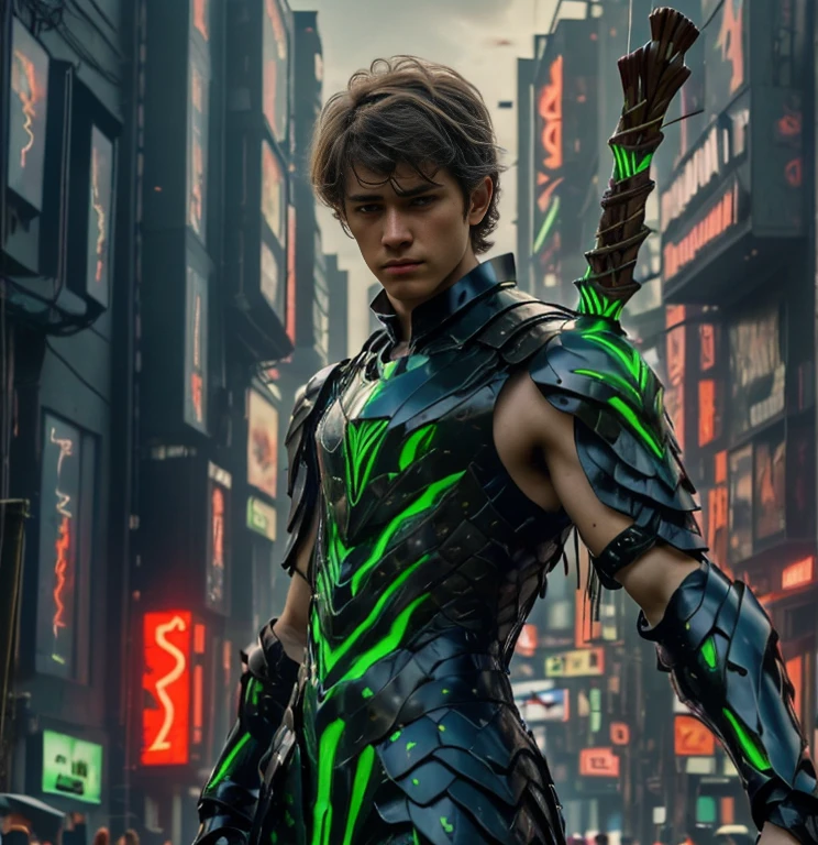 (ultra realistic,32k, masterpiece:1.2, UHD),(high detailed skin:1.1),( high quality:1.1), 1 boy, brown short raw cut hairs, brown eyes, green techno fantasy armor, cyberpunk, techno fantasy bow with ((energy bow arch)),((energy arrows)), caucasian race, light decourations, 18 years old 