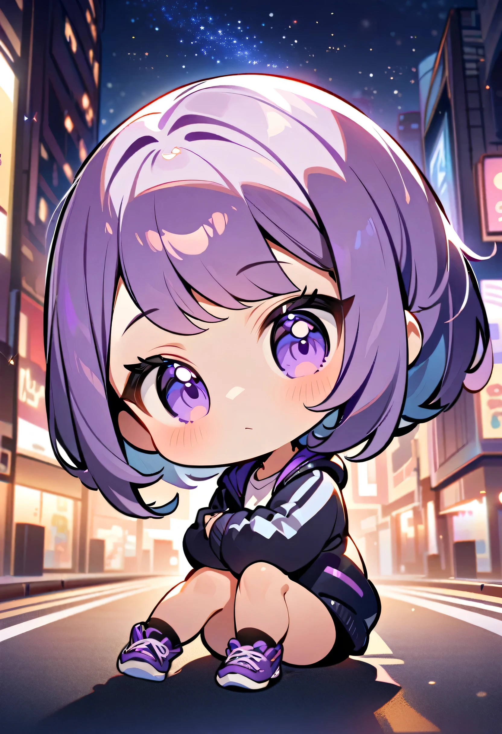 a girl, gorgeous, fitness, long purple hair, big head, cute, wearing a jacket, positioned on a road in a city at night, centered in the image, full body, soft urban lighting, starry sky in the background, chibi art style, in a natural pose, best quality