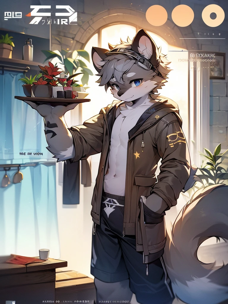 Hyena Boy，Gray fur，Topless, mammal, hairy，Gray Eyes，upscale hotel，goggles，moon tattoo，Cover your crotch with your hands，inventor，Star decoration