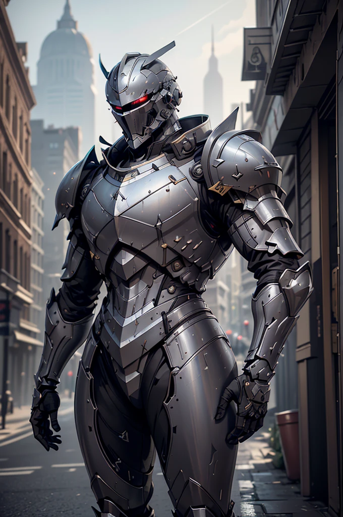 Full body image of a male high-tech knight with (knight helmet:1.3), full helmet, smooth helmet, slim, tight-fitting, biomechanical, intricate details, segmented chest plates, gray armor with blue trim, sleek armor, aerodynamic, tech undersuit, concept art, digital painting, detailed 3d render, cinematic lighting, hyperrealistic, octane render, sharp focus, cinematic color grading, unreal engine, highly detailed, hyper detailed, photorealistic, ultra detailed, masterpiece, best quality, 8k, city street background, daytime , (red eyes), visor, hands relaxed, open hands, (knight helmet)