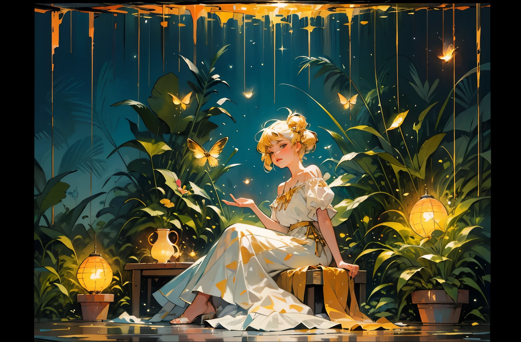 Three-dimensional oil painting on a rough canvas in the complex technique of a palette knife and wide smears patterns. digital painting Portrait of a lovely young woman with hands transforming Magic Fireflies, Translucent golden little Fireflies fly out of her hands, she is sitting on the floor, she is looking at you, breeze in the room, golden sparkles, dim lit simple background, concept art in complex mixed media 16K
