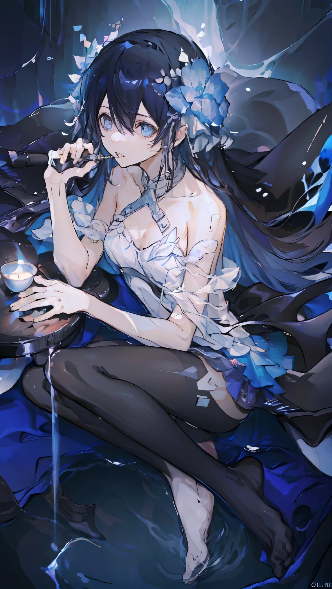 (Extremely refined:1.5),1 girl, sitting in water, Foot washing,Pantyhose,No shoes,trumpet,Female Kirito,long hair