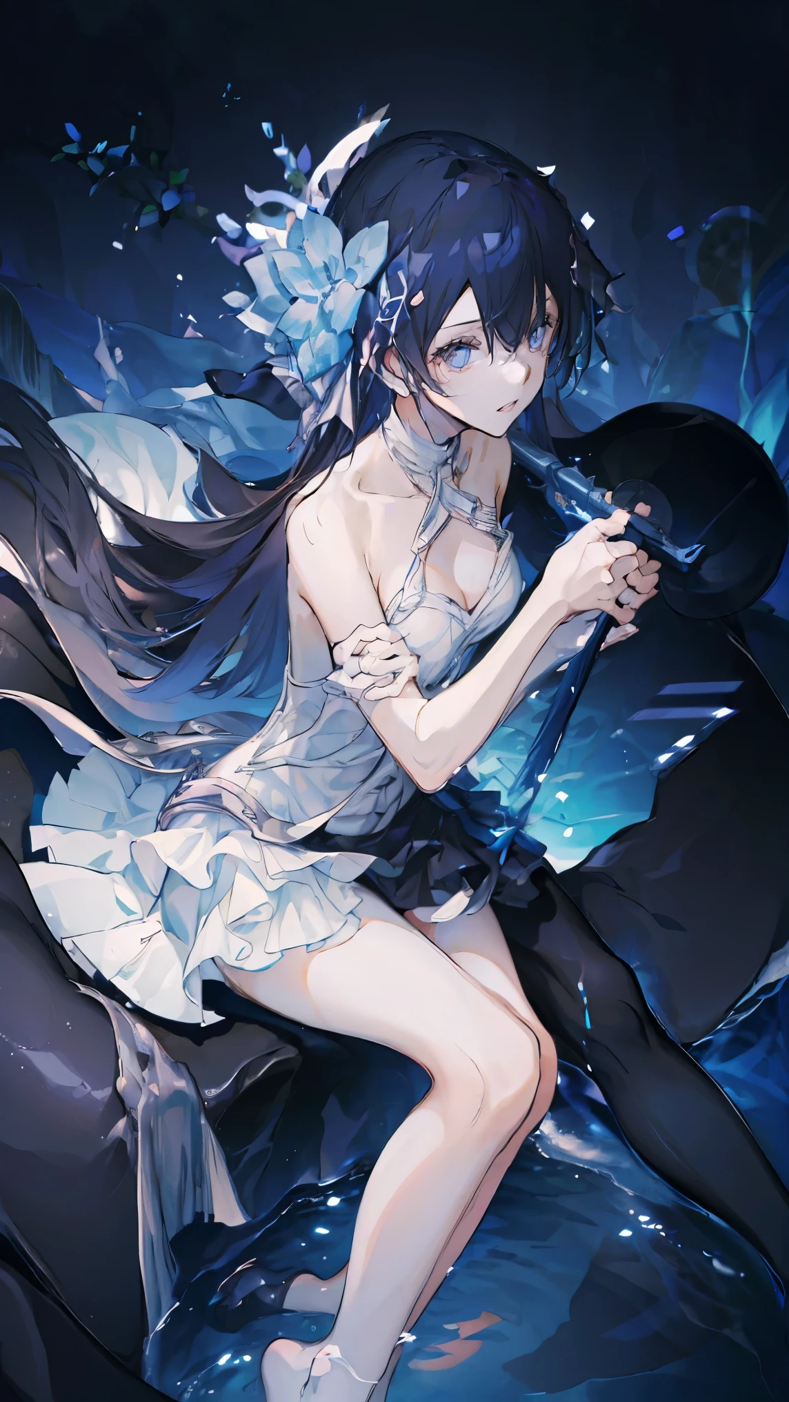 (Extremely refined:1.5),1 girl, sitting in water， Foot washing，Pantyhose，No shoes，trumpet，Female Kirito，long hair
